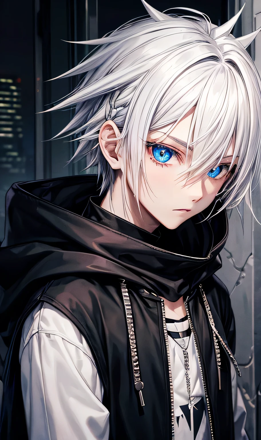 Black hoodie,Wearing a hood,
male,silver hair,Spiky Hair,Visual Kei,On the face,Slums,Beautiful Blue Eyes,Jewelry Eye,