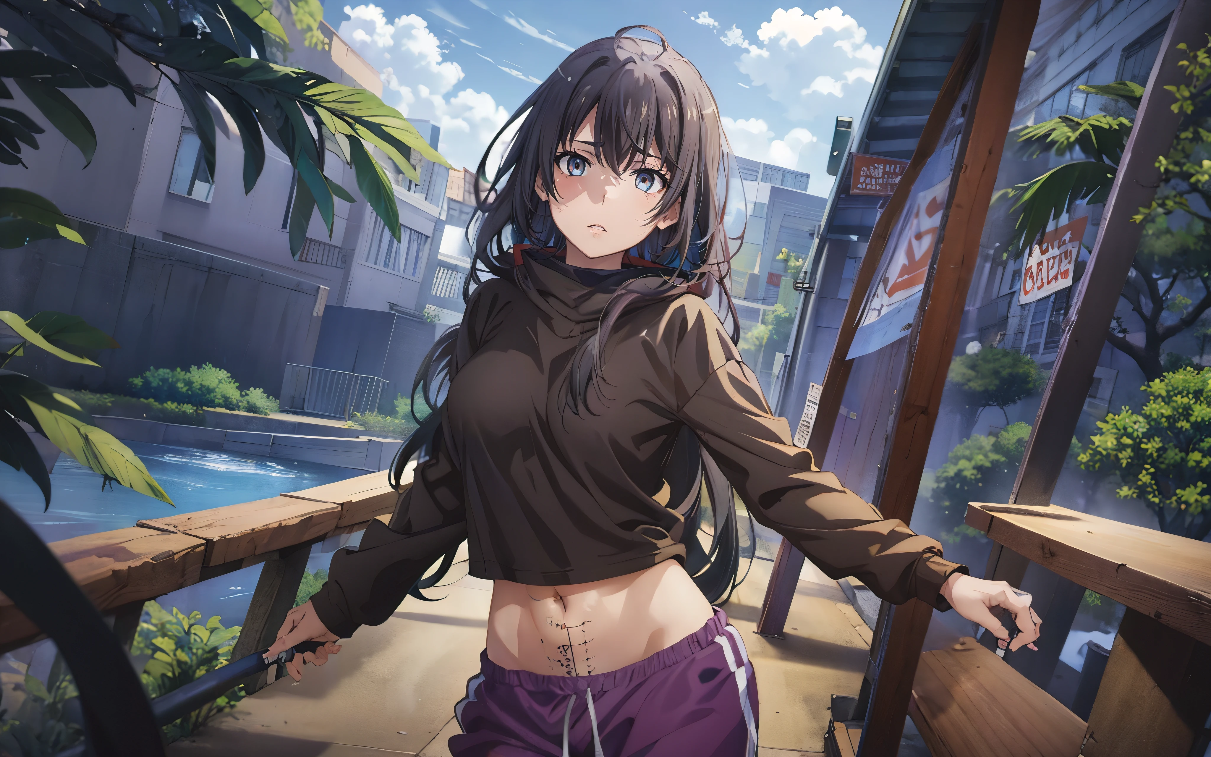 yukinoshita yukino, (long hair, black hair:1.6), blue eyes, heavy breathing, huge breasts, breast press,  curvy, ((anatomically correct:1.3)), 1girl, navel, ((ruler_tattoo:1.4)), plant, midriff, solo, pants, looking_at_viewer, day, tree, sweat, long_sleeves, leaf, outdoors, potted_plant, railing, sky, standing, ((baggy clothes:1.4)), blue_sky,  cowboy_shot, stomach, cloud, breasts, track_pants, bangs, earrings, black_shirt, groin, shirt, crop_top, cloudy_sky, building, wet_hair, drawstring, black_hair, glow effects, godrays, Hand drawn, render, 8k, octane render, cinema 4d, blender, dark, atmospheric 4k ultra detailed, cinematic, Sharp focus, big depth of field, Masterpiece, colors, 3d octane render, 4k, concept art, trending on artstation, hyperrealistic, Vivid colors, extremely detailed CG unity 8k wallpaper, trending on CGSociety, Intricate, High Detail, dramatic"", (shaded face:1.2), hollow eyes, facing viewer, expressionless, upper teeth, grey eyes, glowing eyes