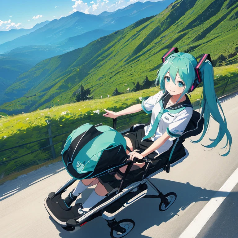 Hatsune Miku drifting in a stroller on a mountain pass