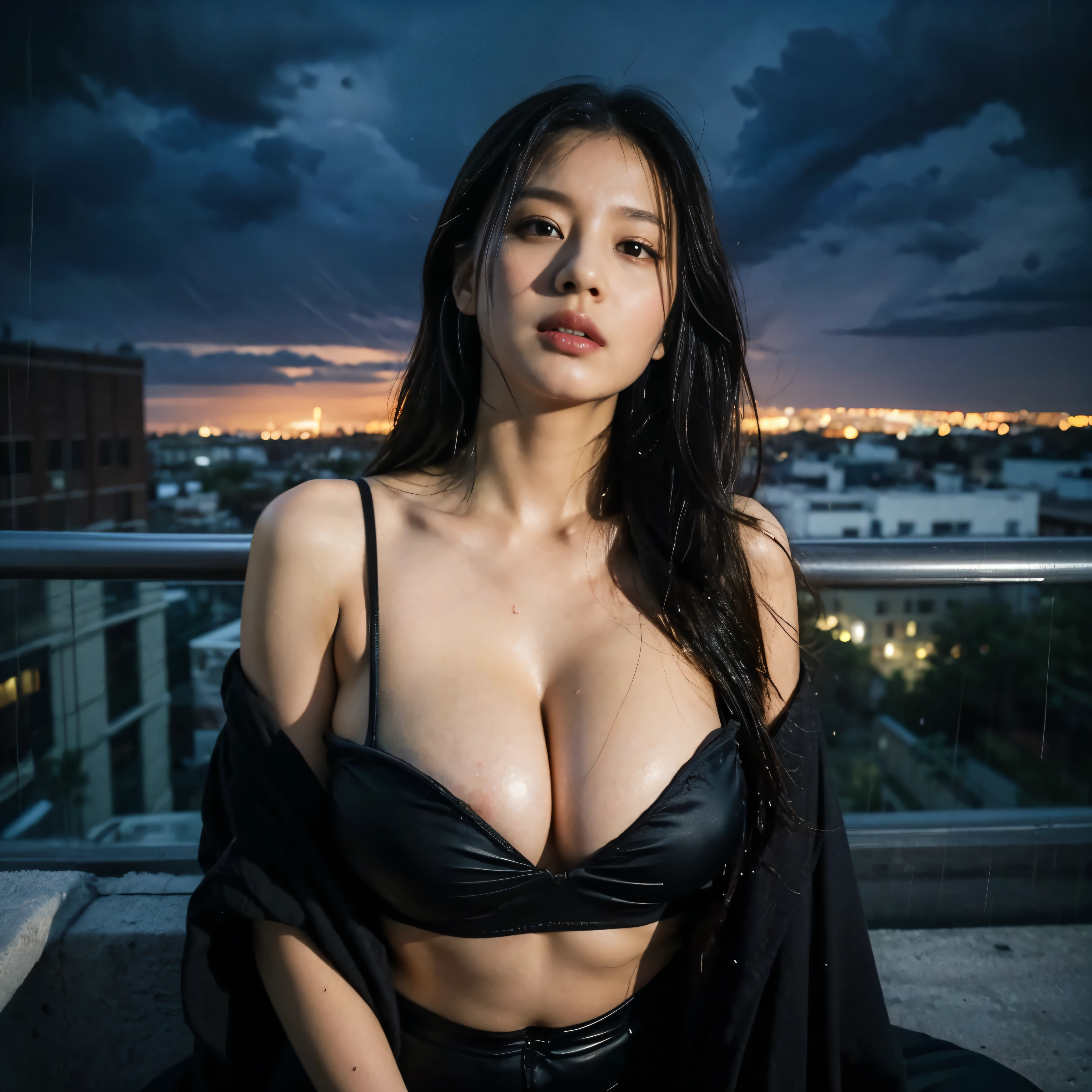 One very beautiful woman、Beautiful Face、Beautifully detailed eyes、Perfectly shaped nose、Full and seductive lips、Shiny wet hair、A visually striking face、Ideal body proportions、Big Breasts(Big Breasts:1.1)、Powerful sorceress、Legendary magician、like々Beautiful appearance、SF、Fantasy、A fusion of advanced technology and magic、Future and Tradition、Stylish clothing that combines innovation and tradition、(Cast powerful spells and enchantments:1.37)、(highest quality、4k、8k、High resolution、masterpiece:1.2)、(Correct anatomy of the fingers)、Super detailed、(Real、Photorealistic、Photorealistic:1.37)、HDR、UHD、Professional Lighting、Bright colors、Sharp focus、Stand on a rooftop and look out over the city skyline、Tall modern skyscrapers、There was a strong wind blowing.、(Heavy rain is pouring down from the dark clouds:1.6)、Dramatic lightning lit up the sky、My wet clothes were sticking to my body、Kneeling gracefully and confidently on the rooftop、Eyes staring straight into the camera lens、It creates a fascinating and powerful connection.、(Abstract background、Expressing her strength of energy:1.37)、(Glowing energy)、(High-tech magic wand)、Captivating Sparks、Swirling particles、Rune、Intense visual effects、Otherworldly atmosphere、Ethereal beauty、natural breasts