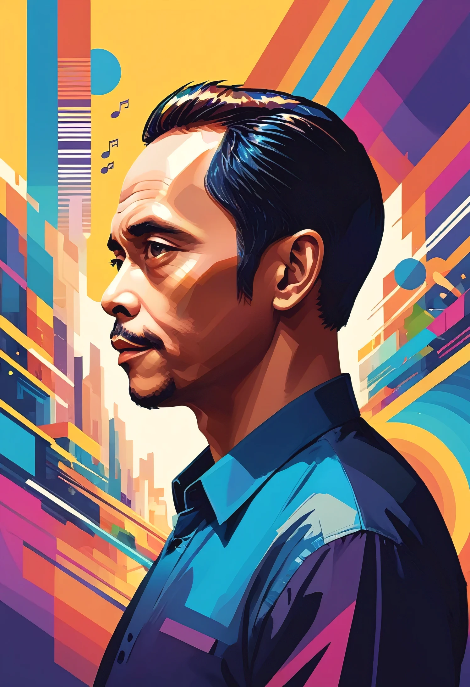 concept poster a Indonesia 45 years man, a half body portrait at musical notes, digital artwork by tom whalen, bold lines, vibrant, saturated colors, wpap,detailed fac,Vibrant colors palettes