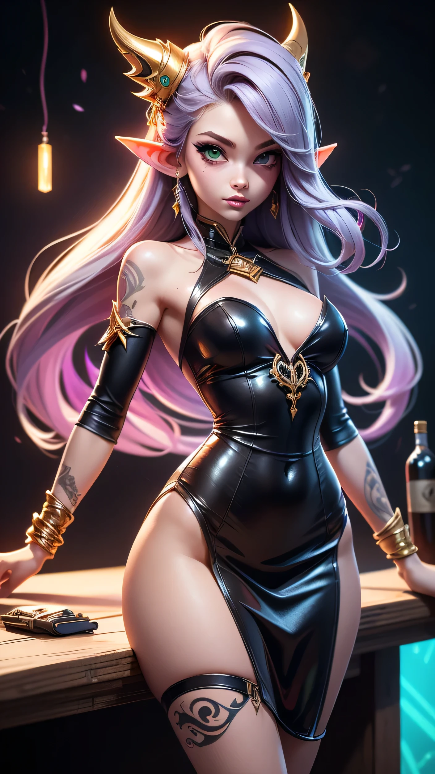 There is futuristic neon bar, near bar table stand elf female, she have a beautiful face with green eyes long pointy ears with lot of golden earring on them red eye shadows and lips, main colour of her hair is red with purple highlights lines, she dressed in sexy leather shamanic dress, her body and arms covered with mistyc tatoos, behind her back there is wind spirit, (ultra high quality sify fantasy art, dark fantasy style, masterpiece, ultra highquality character design, 8k quality anime art, top quality wallpaper illustration, detailed ultra high quality acurate face, highquality design and acurate physic )