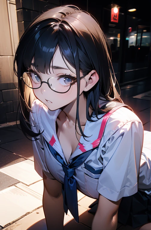 First Person View、masterpiece、Perfect hand drawing、beautifulボディライン、beautiful、 (Thick neck:1.4)、Thick body、(Broad shoulders:1.4)、(wide cleavage:1.2) (Makes your face smaller)、(Pointed Chest:1.6)、Model Body Type、(F cup breasts:1.2)、(Pure white bra:1.2)、15 years old、Sharp eyes、Big moist eyes、Impatience and embarrassment:1.2、((school uniform:1.2))、Shirt and knee-length skirt、(Face Focus:1.4)、Disheveled long hair、Glasses、(On all fours, covering the viewer:1.2)、Very detailed, Detailed Background, Cinematic lighting,Teeth are protruding