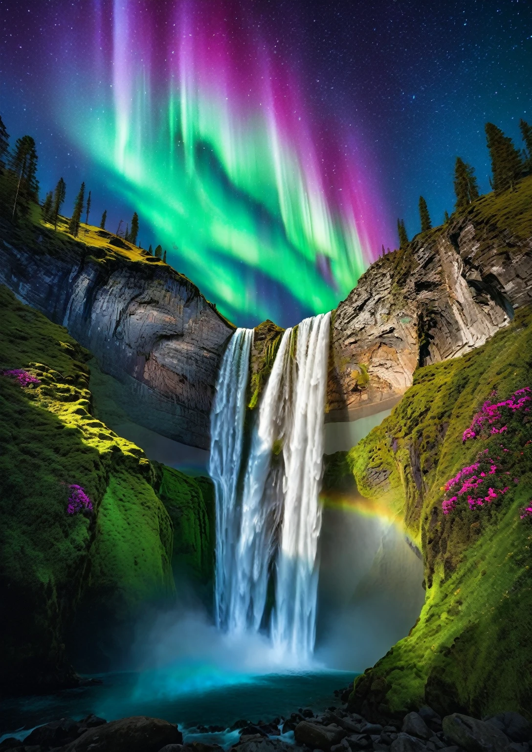 "In a hyperreal scene, nature blends with fantastical elements in surprising harmony. In the foreground, a dense tropical forest exudes exuberance and life, its vibrant leaves in shades of green contrasting with the rays of golden light that filter through the canopy of the trees, exotic flowers in vibrant shades of pink and orange punctuate the scene, adding a touch of color and magic.
At the center of the composition, a crystalline waterfall gently descends the mountainside, creating a veil of mist that envelops the landscape in an ethereal cloak. Colorful fish swim in the clear waters, while multicolored butterflies dance in the air, adding a touch of grace and delicacy to the scene.
In the sky, an aurora borealis erupts in an explosion of mesmerizing colors, its undulating bands of green, blue and purple creating a celestial spectacle that contrasts with the serenity of the surrounding nature. Stars twinkle against a deep, dark background, adding a touch of mystery and wonder to the setting.
The image is captured in a 9:16 aspect ratio and 4K resolution, highlighting every detail of the composition with clarity and sharpness. The contrasting color pattern intensifies the sense of drama and beauty, while the surreal element adds a magical and intriguing dimension to the scene. This image promises to captivate and enchant the viewer, transporting them to a world of natural wonders and surreal dreams."