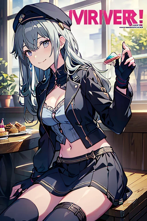 (from below:1.2),(from side:0.9), ((beautiful Face)), (Close-Up:0.6), ((looking at viewer, holding a icecream)),(Italian sweets magazine cover:1.4), highest quality、(real、photorealistic:1.5),(ultra high resolution,dark blue hair,long hair, between eyes,bangs, (black beret, black jacket, cleavage:1.4, midriff, black perfect medium skirt, black thighhighs, thigh strap, fingerless gloves, single glove:1.2), (double breasted,under bust:1.2), sitting at a table, cute, visual of a cute girl, cute girl, eating cakes, young girl, guweiz, high quality anime artstyle, anime girl, artwork in the style of guweiz, beautiful girl, pretty girl, official artwork,(with sparkling eyes and a contagious smile),her thin pubic hair, looking at viewer, pose muy sexy" 