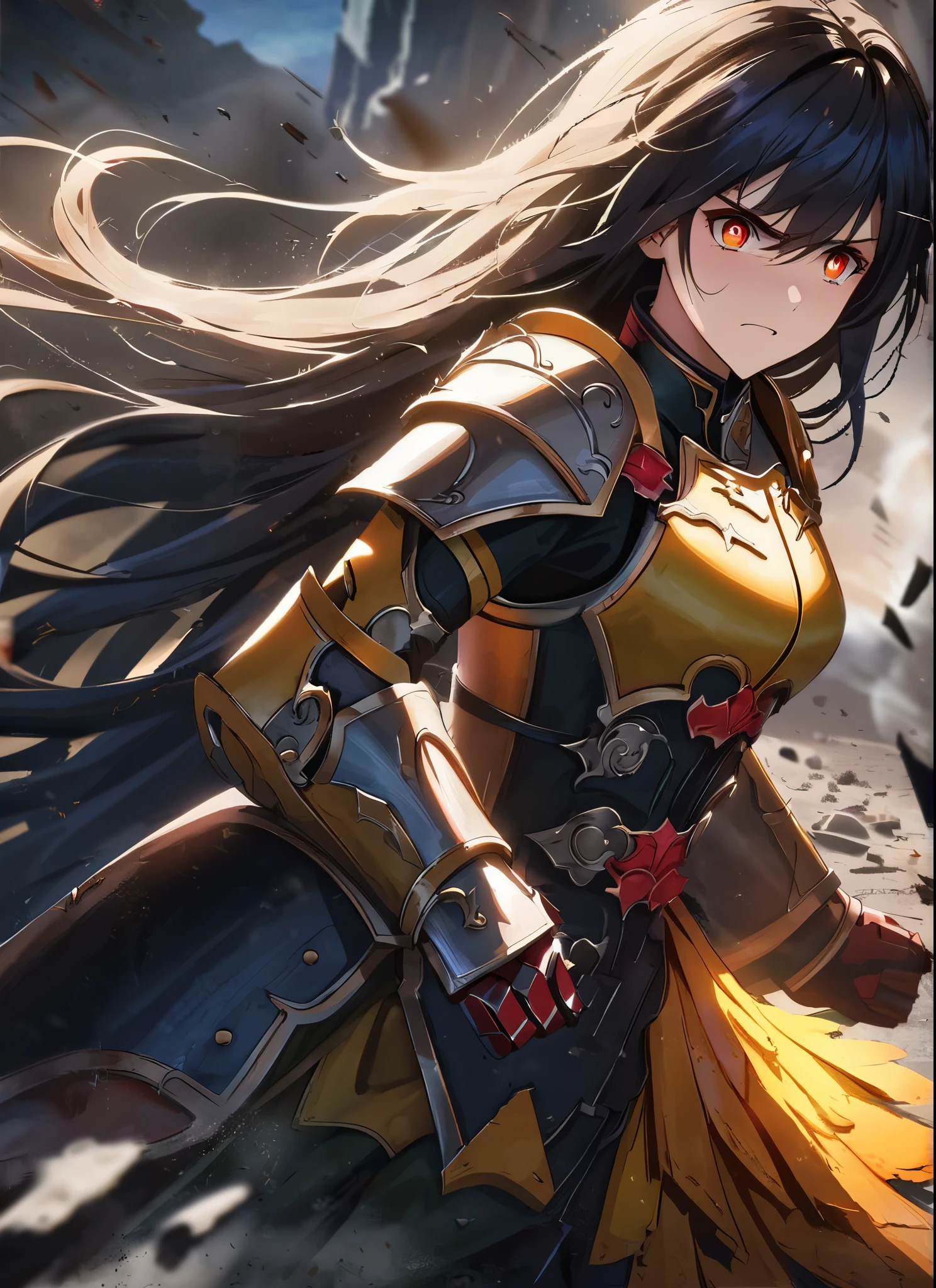 A monark girl, god vest, detailed armor, battlefield, emotions, epic, fantasy, majestic, powerful, dramatic, distressed expression, regal attire, flowing hair, intense eyes, intricate textures, dynamic pose, dramatic lighting, smoke and debris, defeated army, fallen soldiers, chaos, bravery, determination, determination, courage, sadness, sorrow, anger, fear, turmoil, action-packed, storytelling, dynamic composition.