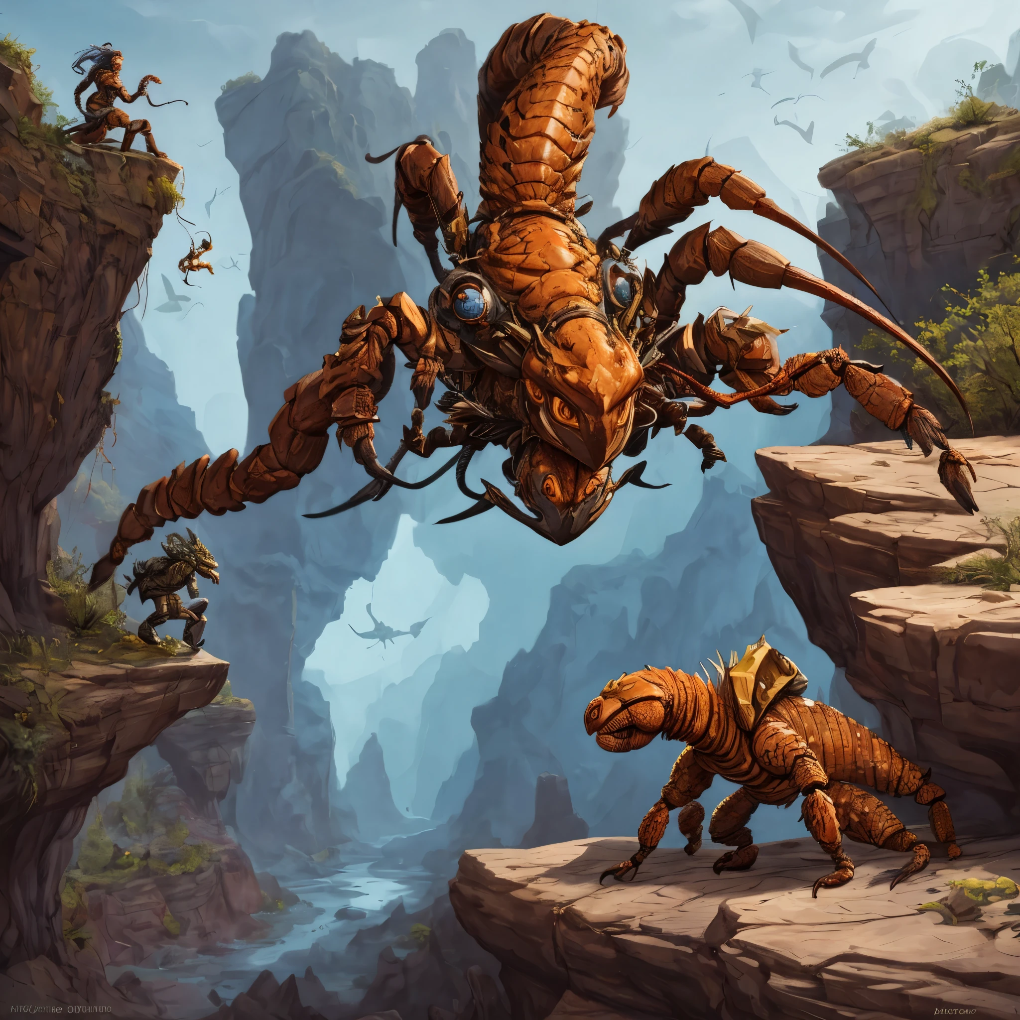 In a rocky canyon, a creepy stone scorpion hides, ready to ambush a female adventurer. The scorpion is incredibly detailed, with sharp pincers and a menacing tail poised to strike. The adventurer is depicted as a strong and fearless woman, her face full of determination. She is dressed in rugged clothing, suitable for exploring treacherous terrains. The scene is captured in a medium of photorealistic painting, showing the intricate textures of the rocky walls and the scorpion's stony exoskeleton.

The artwork aims for the best quality, showcasing ultra-detailed elements. The composition is carefully crafted, with a sharp focus on both the scorpion and the adventurer. Studio lighting enhances the dramatic atmosphere of the scene, casting shadows and highlighting the contours of the rock formations. The color palette leans towards earthy tones, reflecting the natural environment of the canyon.

The inspiration for this artwork draws from high fantasy themes, evoking a sense of adventure and danger. The scorpion represents a supernatural creature, adding an element of mystique to the scene. The art style pays homage to Boris Vallejo, known for his powerful and fantastical illustrations. The painting captures the essence of his work, combining realism with a touch of the extraordinary.

Overall, this prompt generates a high-quality Stable Diffusion image, capturing the intensity and thrill of a face-off between a female adventurer and a creepy stone scorpion in a rocky canyon.