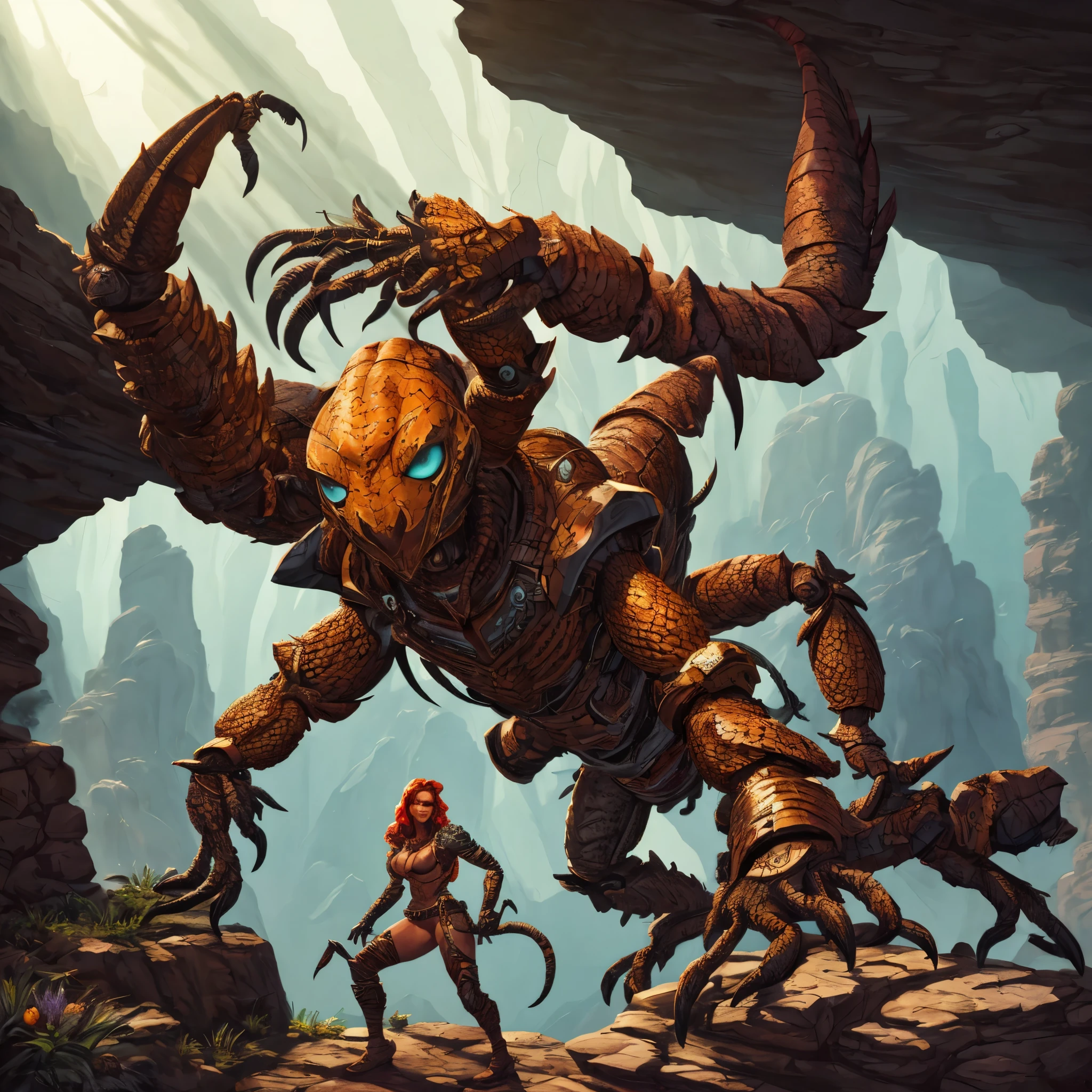 In a rocky canyon, a creepy stone scorpion hides, ready to ambush a female adventurer. The scorpion is incredibly detailed, with sharp pincers and a menacing tail poised to strike. The adventurer is depicted as a strong and fearless woman, her face full of determination. She is dressed in rugged clothing, suitable for exploring treacherous terrains. The scene is captured in a medium of photorealistic painting, showing the intricate textures of the rocky walls and the scorpion's stony exoskeleton.

The artwork aims for the best quality, showcasing ultra-detailed elements. The composition is carefully crafted, with a sharp focus on both the scorpion and the adventurer. Studio lighting enhances the dramatic atmosphere of the scene, casting shadows and highlighting the contours of the rock formations. The color palette leans towards earthy tones, reflecting the natural environment of the canyon.

The inspiration for this artwork draws from high fantasy themes, evoking a sense of adventure and danger. The scorpion represents a supernatural creature, adding an element of mystique to the scene. The art style pays homage to Boris Vallejo, known for his powerful and fantastical illustrations. The painting captures the essence of his work, combining realism with a touch of the extraordinary.

Overall, this prompt generates a high-quality Stable Diffusion image, capturing the intensity and thrill of a face-off between a female adventurer and a creepy stone scorpion in a rocky canyon.