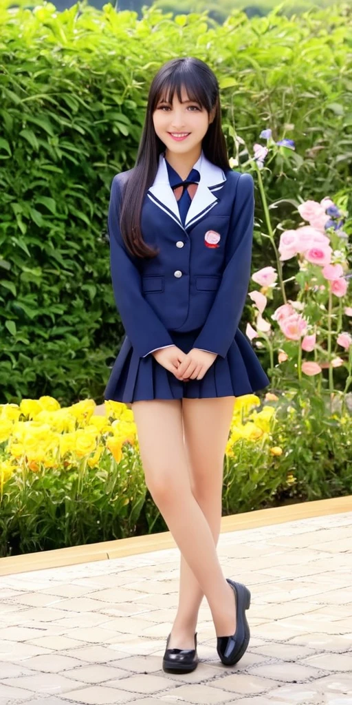 ((16k,super highest quality,Ultra-high resolution,masterpiece,Realistic,Realistic,Very detailed)),Young, adorable and cute 16 year old〜20 year old girl,Full body photo,Full body angle,Esbian all over,Baby Face,single eyelid,Long legs,Thin legs,Thin thighs,Beautiful hands and feet,chest,Cute smile,Adorable smile,nice smile,Rose garden in the background,Long Straight Hair,Iris,Black Hair,A lovely, beautiful and childlike Japanese girl,With a young body,Slim waist,((Cabin Attendant Uniform))