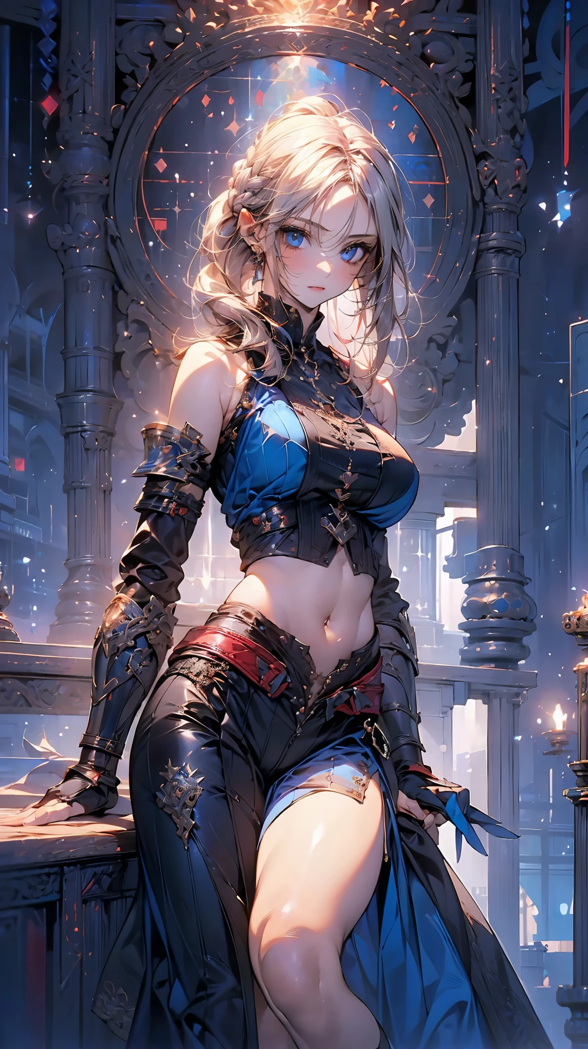 (((woman))), (((best qualityer))), (((tmasterpiece))), (((AS-Adult))), (((1girll))), ((( Bob Hairstyles ))), A 25-year-old cyberpunk gladiator with a perfect body, Shoulder pads with metal spines, Brooklyn gladiolus, (( Bob Hairstyles )), Small leather panties, Torn football team shirt, Simon Beasley, almost naked(Simon Bisley)Urban barbaric style for(heavy metal) Minimum clothing, Left arm metal protection,With complex graphics, dark red color,White stars and white and navy blue checkerboard pattern, armure, Full of tips and rivets, (((From the knee up))), Short white blonde hair, The background is Shepard Fairley(Shepard Fairey)Painted walls of complex design,standing,(large breasts),(wide hips:1.5)