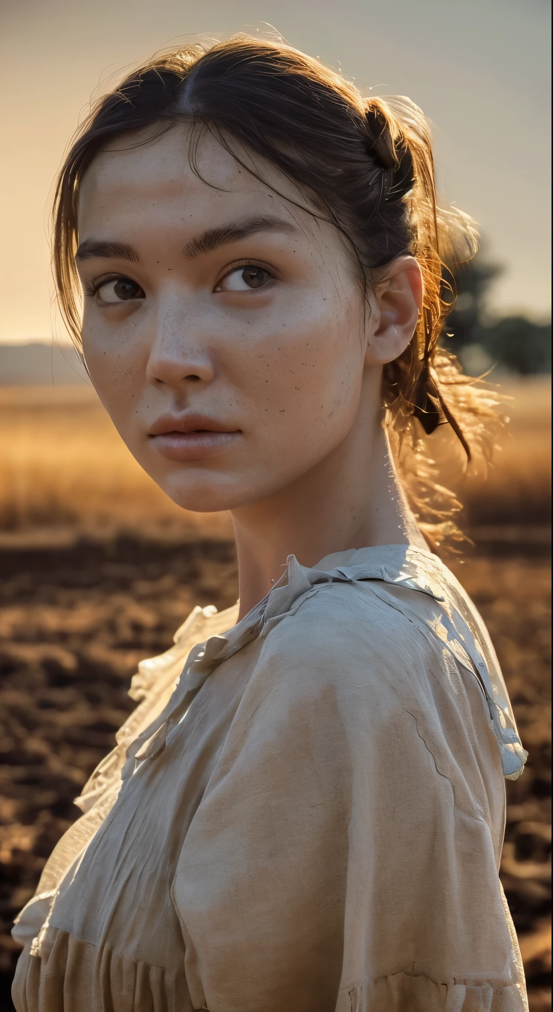Rural Scenery, The girl wanders through the mud, Light of the sun, far,{{ Perfect balance of facial features}},{{masterpiece}}, {{{highest quality}}},{{Very detailed}}, {{figure}},{{masterpiece}},{{{highest quality}}},{{Very detailed}}, {{{figure}}},Distinct facial features,Beautiful views,フォトrealism,realism,Realistic,Attention to detail,super high quality,High resolution,Trending on Artstation,ハイパーrealism,High resolution,16k,Unreal Engine,Expressed in octane number,Corona Rendering,Tilt Shift,底面figure,Rembrandt Lighting,