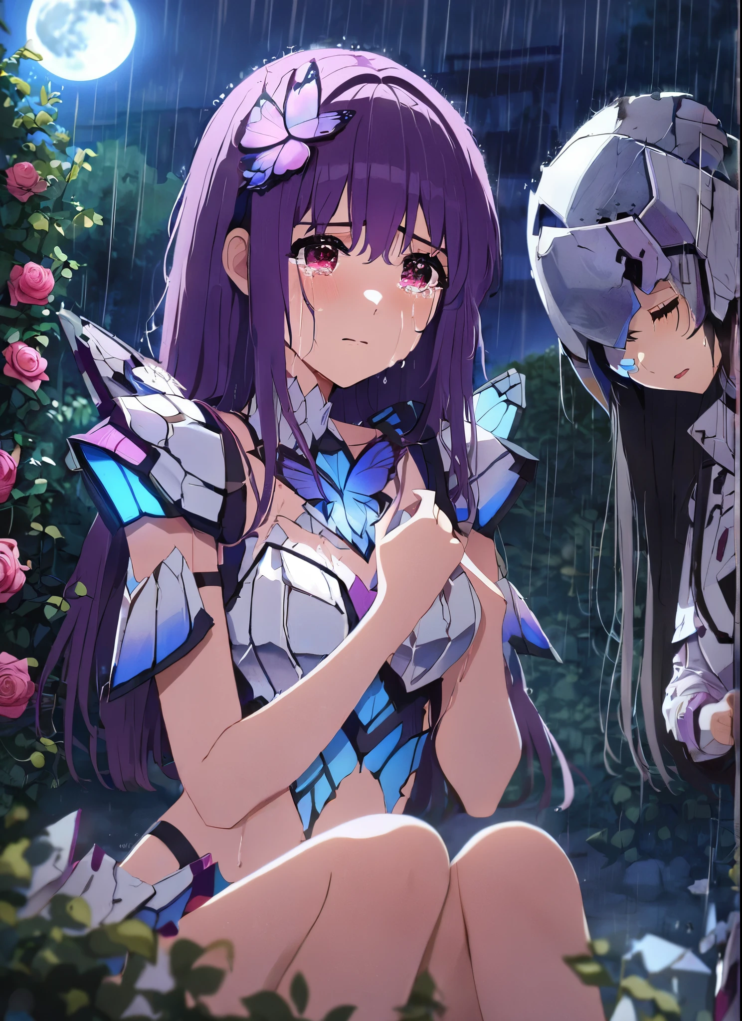 three girls, heartbroken, wearing a ultra shattered and ultra broken cute skimpy butterfly armor, lot of missing pieces, very damaged armor ,ripped clothes, broken helmet ,broken shield and broken sword, in tears, sad, dramatic scene, tears flowing in the face, garden, roses, rain, ultra detailed face, night, moonglow, light of the moon