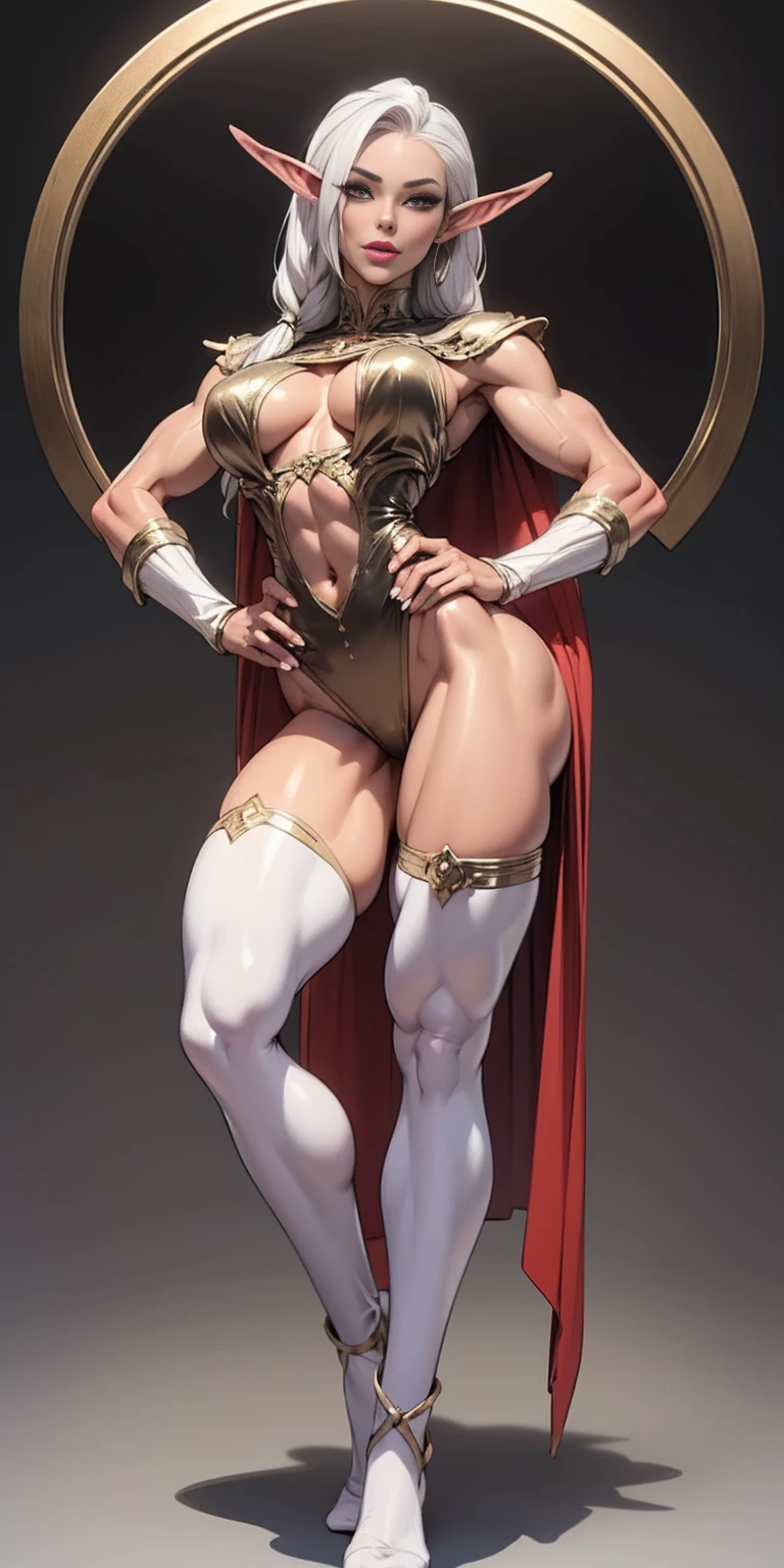 (masterpiece, best quality, plain background:1.2) full body standing height straight symmetrical looking to the viewer, view from below, cowboy shot, extremely long hair, ponytail, perfect anatomy 1girl tall solo, slim thick, ((muscular)) high elf toned body, silver breast plate, blue cape, slender abs, hourglass waist, detailed face, defined cheekbones, puffy lips, gauntlets, gold crown, shadow over eyes, white thigh highs lingerie