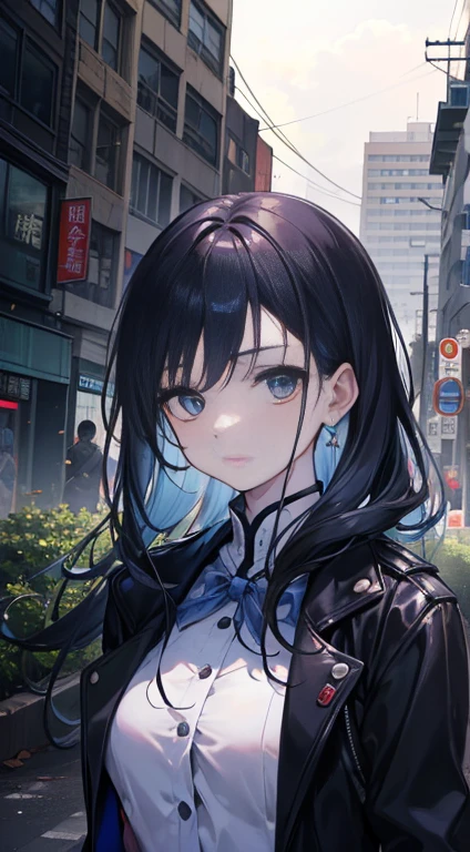 ((best quality)), ((masterpiece)), (detailed), The background of Perfect Face is set in a modern apocalyptic heroine who is attacked by zombies and escapes in a city full of high-rise buildings. The heroine is a strong Taiwanese Chinese survivor.，She has long black curly hair，There are some blue highlights in the hair。