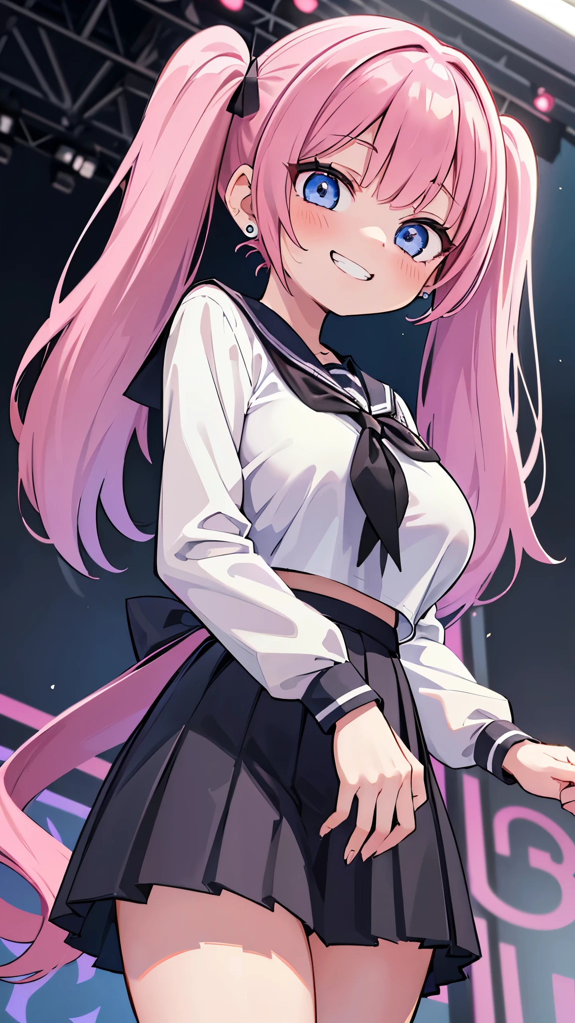 (masterpiece、highest quality、Super detailed)、((One girl))、((Pink Hair))、((Twin tails))、((Light blue eyes))、evil smile、((Grin))、Earrings、((Very large breasts))、serafuku))、Long sleeve、((Black pleated skirt))、Cowboy Shot、stage、((Shoot from below))、City Background