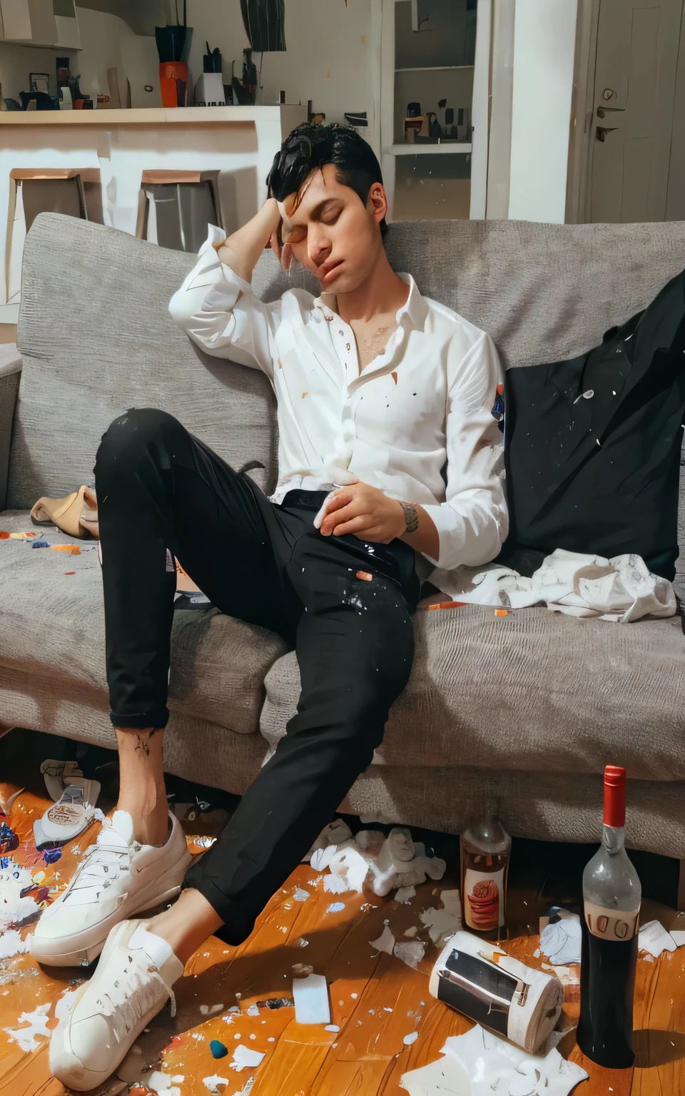 Lucas is Spanish, 22 years old, short black hair, dark brown eyes, dressed in black pants and a white shirt, white shoes. He is lying down, having a headache, on the living room couch in an apartment after a party, messy with scattered bottles, confetti, and liquor stains on the floor.