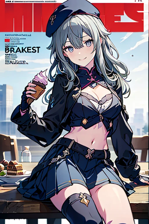 1 girl, small nose, very beautiful detailed face and eyes, bright colors, cute face, delicate beautiful face, Bright magenta eyes, cute eyes, sparkling eyes, Big eyes, (big breasts:1.3), (perky chest:1.1), (pointed chest:1.0), (cake magazine cover:1.3),highest quality, WorKs of masters, High resolution,BlacK color hair,shiny hair, side ponytail,hair between eyes,bangs, (black jacket, real clothes, cleavage, black skirts, black thighhighs, thigh strap, fingerless gloves, single glove:1.2) , spread legs, panties shot, medium hips, glamorous body, white skin, smile, thin pubric hair, super beautiful face, Super beautiful eyes, Super beautiful hair,trendy outfit,sexy and attractive,full body esbian, Real World, Natural light,perfect Natural light,(with sparkling eyes and a contagious smile), This masterpiece is not only visually stunning but also tells, make of cake cooking , in the kitchen, open mouth, looking at viewer,