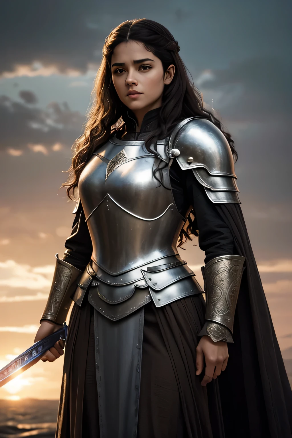 a woman who is the queen of qarth from game of thrones, she has long and very curly brown hair, brown skin, knight in full armour inspired by the traditions of qarth (in esssos) (holds a great sword) magnificent, dark brown eyes, adult, hot, crown, high quality, adult with a mature face and curvy body, make her intimidating and looking forward, warrior, show her full body