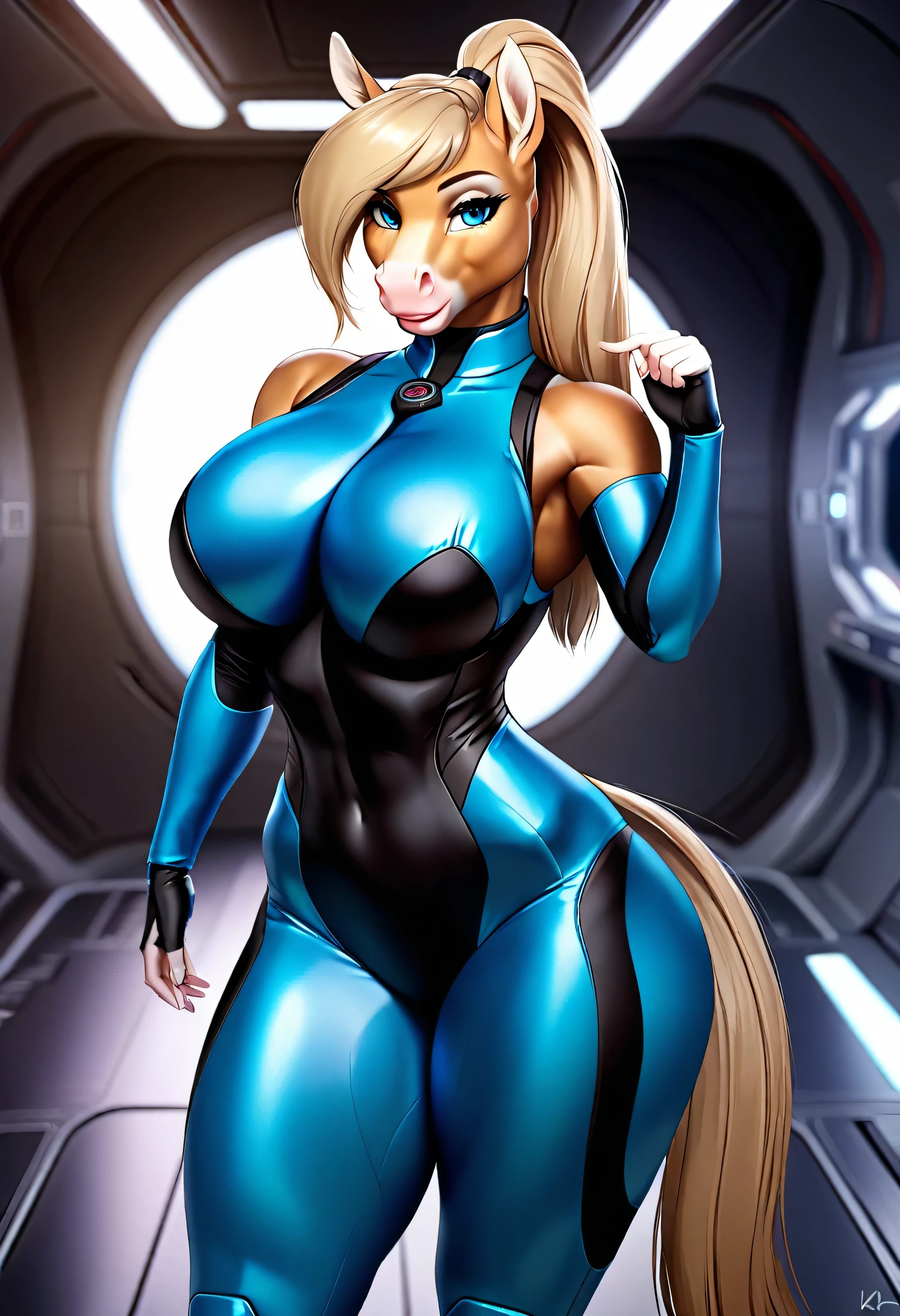 4k highly detailed realistic digital extremely high quality drawing, masterpiece, (by keeltheequine), (uploaded on e621), (a full-body portrait of a female anthro palomino horse), (posing in a spaceship bedroom), ((wearing a Zero Suit Samus cosplay)), (beautiful and detailed eyes:1.1), (thick bimbo lips), (ponytail), fur, seductive, sexy, voluptuous, curvy body, hourglass figure, large breasts, muscles, cinematic lighting, (f1.8 short focus bokeh)
