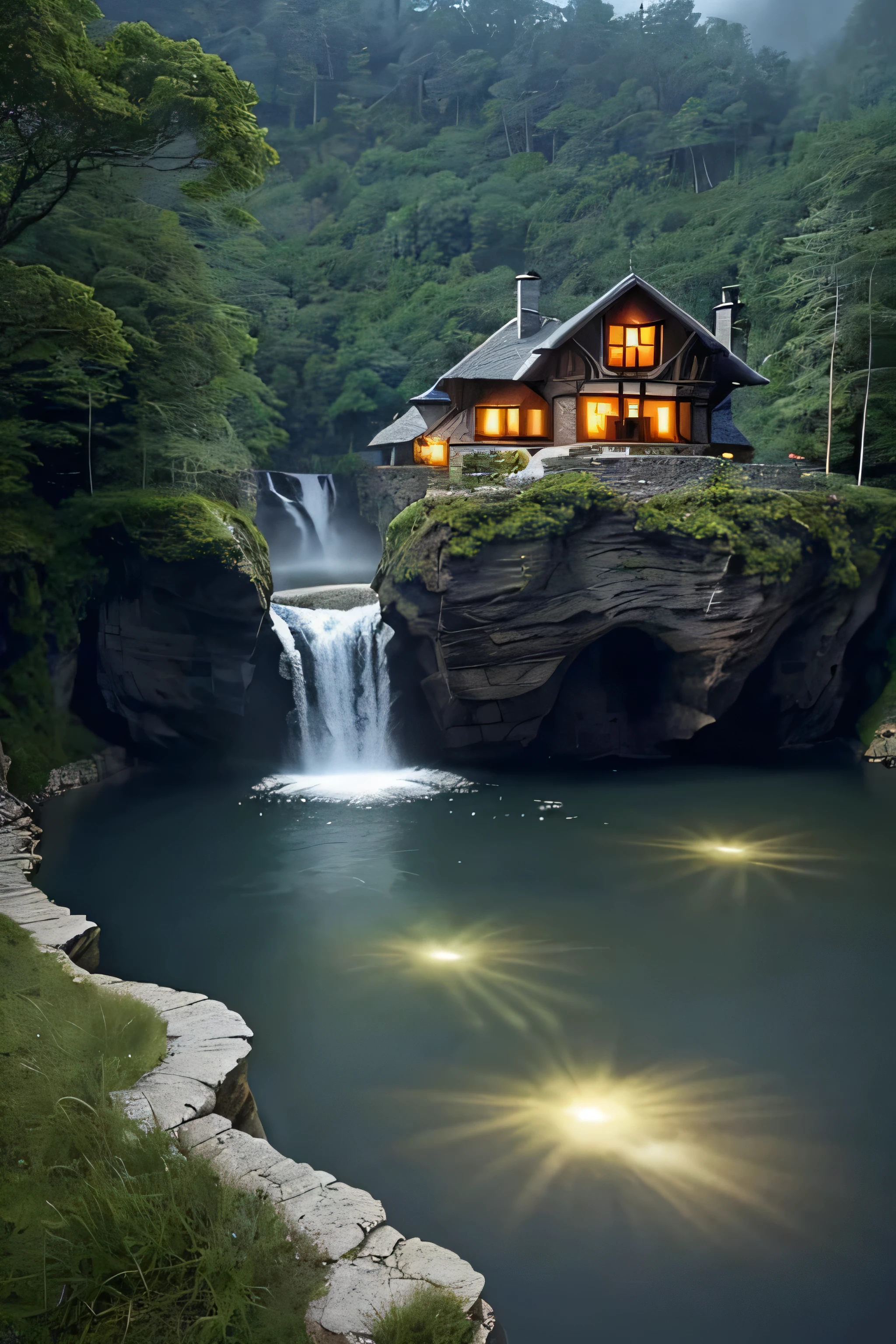 arafed house on a cliff overlooking a river with a waterfall, lake house, beatiful house, fantasy setting, beautiful place, build in a forest near of a lake, beautiful and mysterious, fantasy house, cozy place, setting in nature, fairy tale place, located in a castle, cottagecore!!, very close to real nature, idyllic cottage