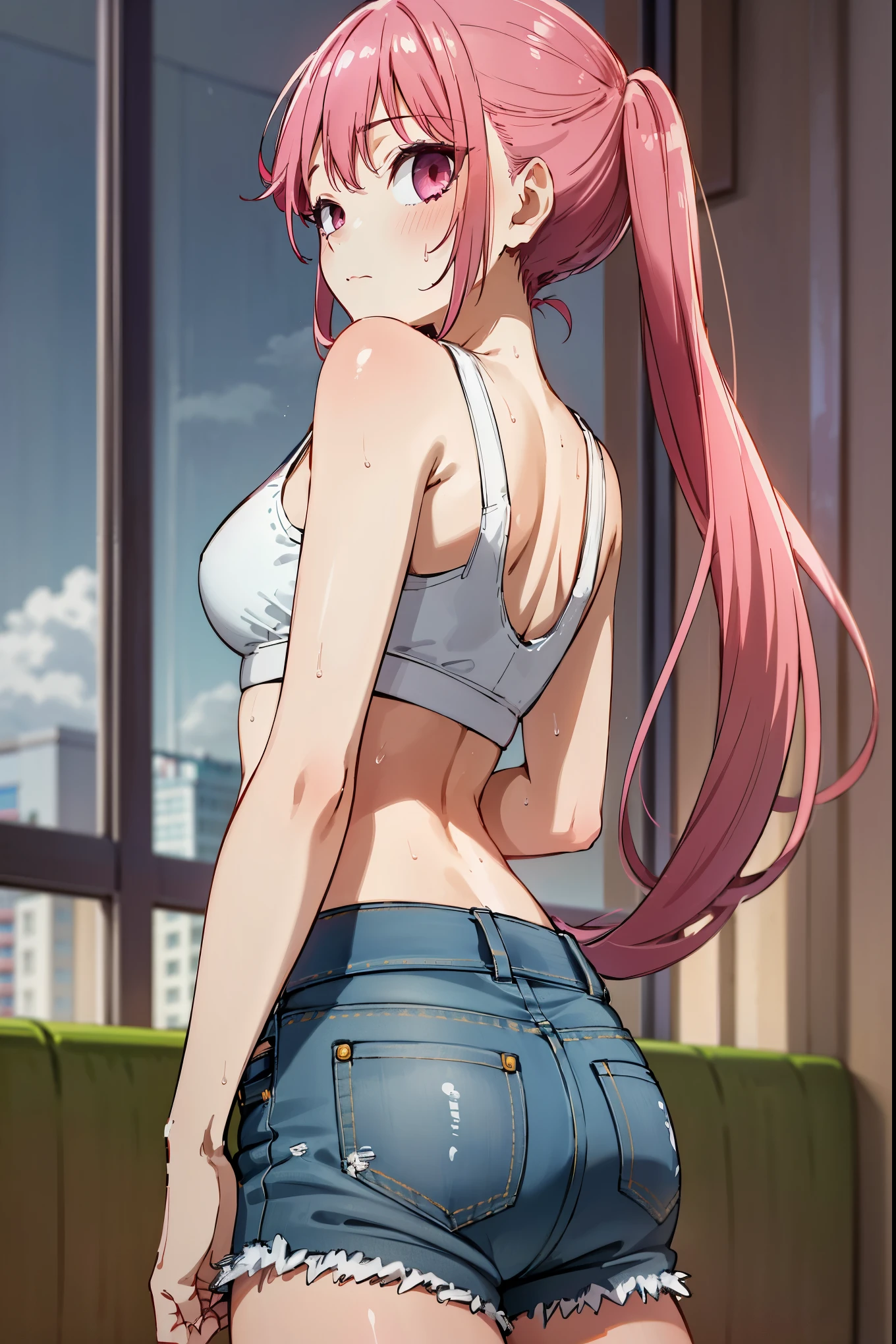 1girl, pink hair, twintail, wearing Sport Bra, denim shorts, very sweaty, city, absurdres, high res, ultrasharp, 8K, masterpiece, very details, looking at viewer, hands behind back
