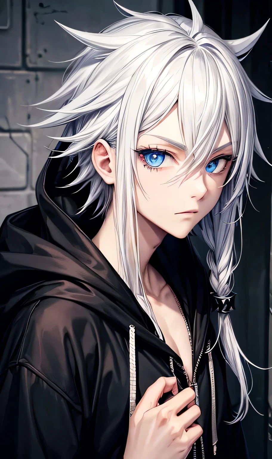 Black hoodie,Wearing a hood,
male,silver hair,Spiky Hair,Visual Kei,On the face,Slums,Beautiful Blue Eyes,Jewelry Eye,