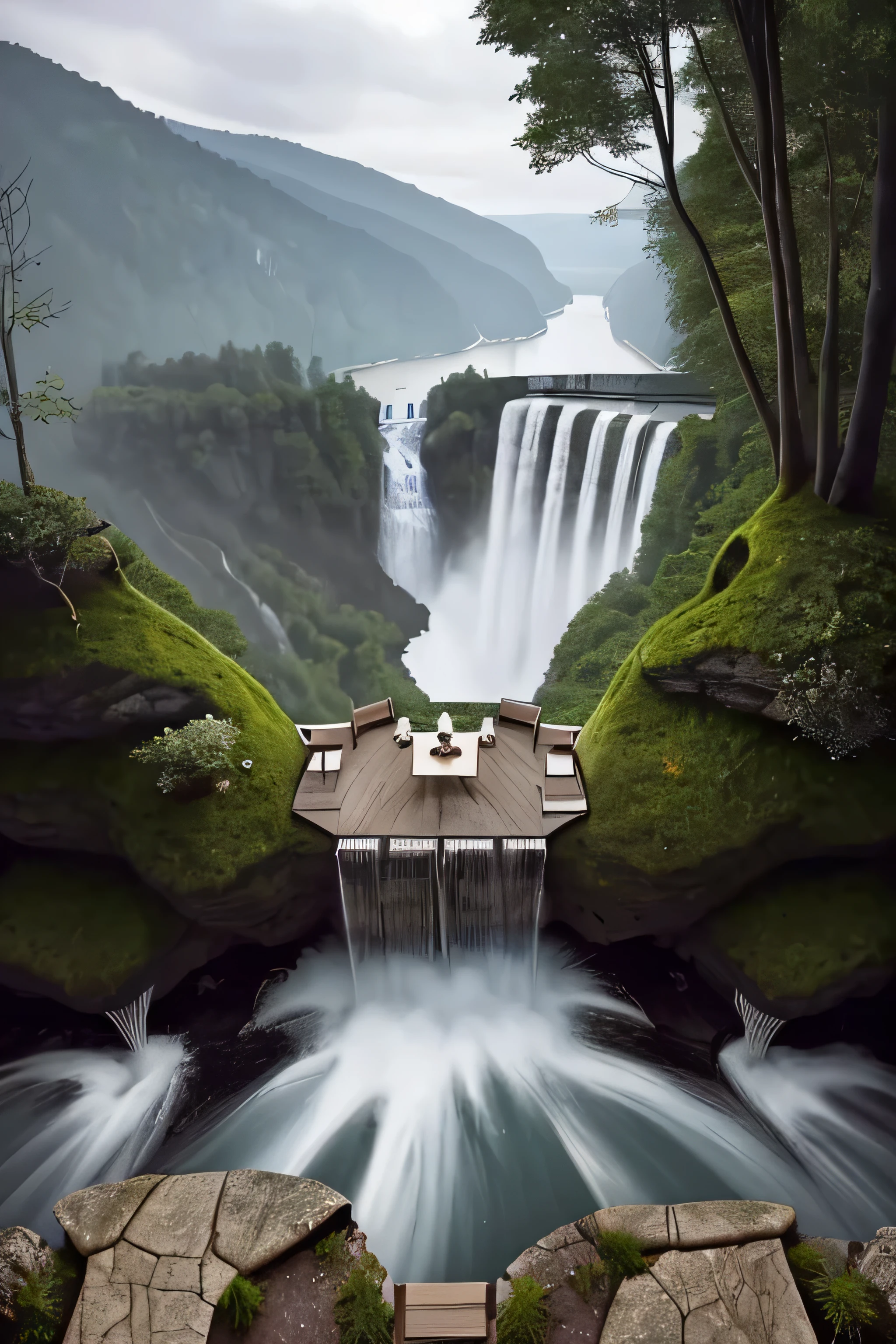 arafed house on a cliff overlooking a river with a waterfall, lake house, beatiful house, fantasy setting, beautiful place, build in a forest near of a lake, beautiful and mysterious, fantasy house, cozy place, setting in nature, fairy tale place, located in a castle, cottagecore!!, very close to real nature, idyllic cottage