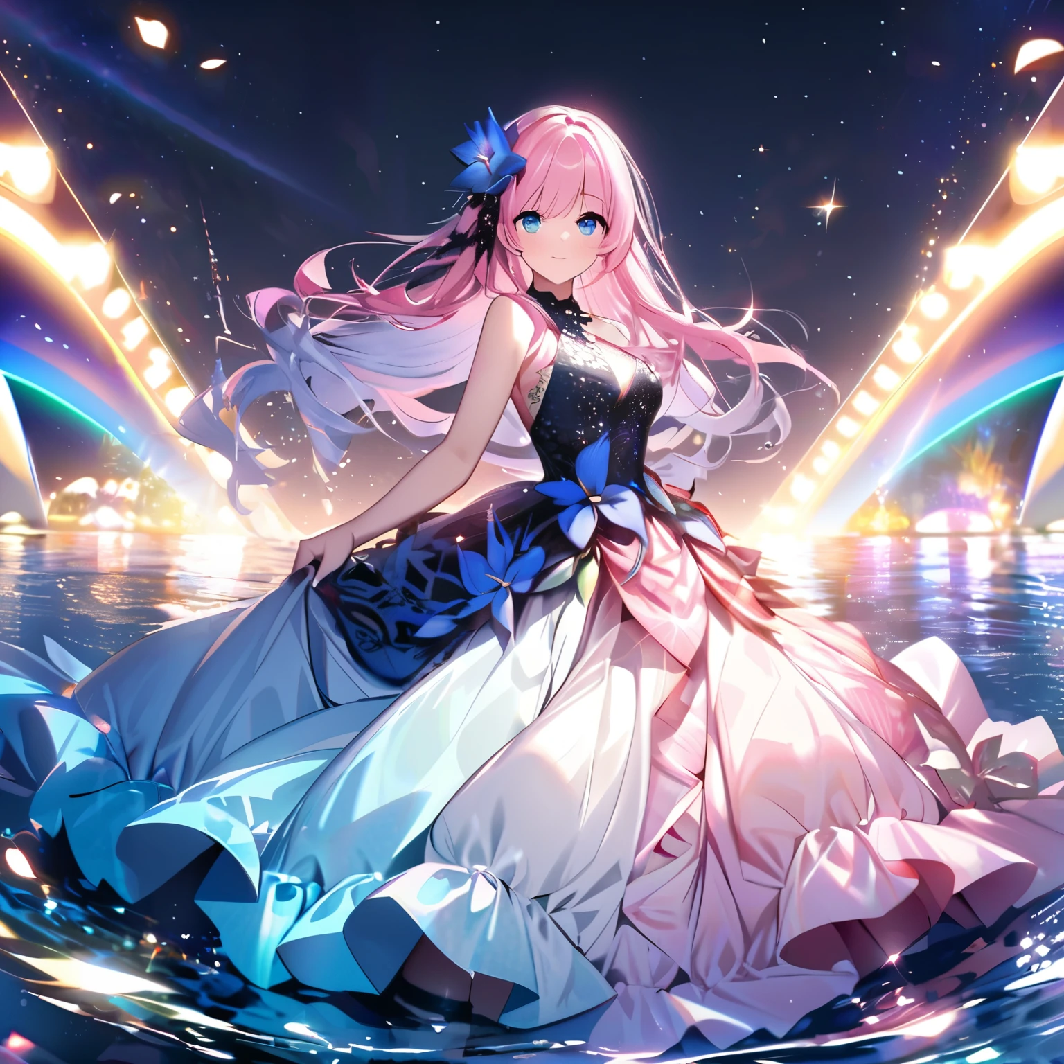 ``She has long pink hair and beautiful eyes.、Beautiful woman in an elegant and elaborate Hawaiian dress.For the dress、It needs intricate designs and patterns to give it a luxurious and classy look.。.In the background , The image is、The light reflected on the water surface、Beyond that is an illuminated bridge、It must depict a romantic Hawaiian beach at night.。, Enhance the sparkle effect and rainbow throughout the image. Enhance your looks、Add some special frills to your dress to make it stand out.”