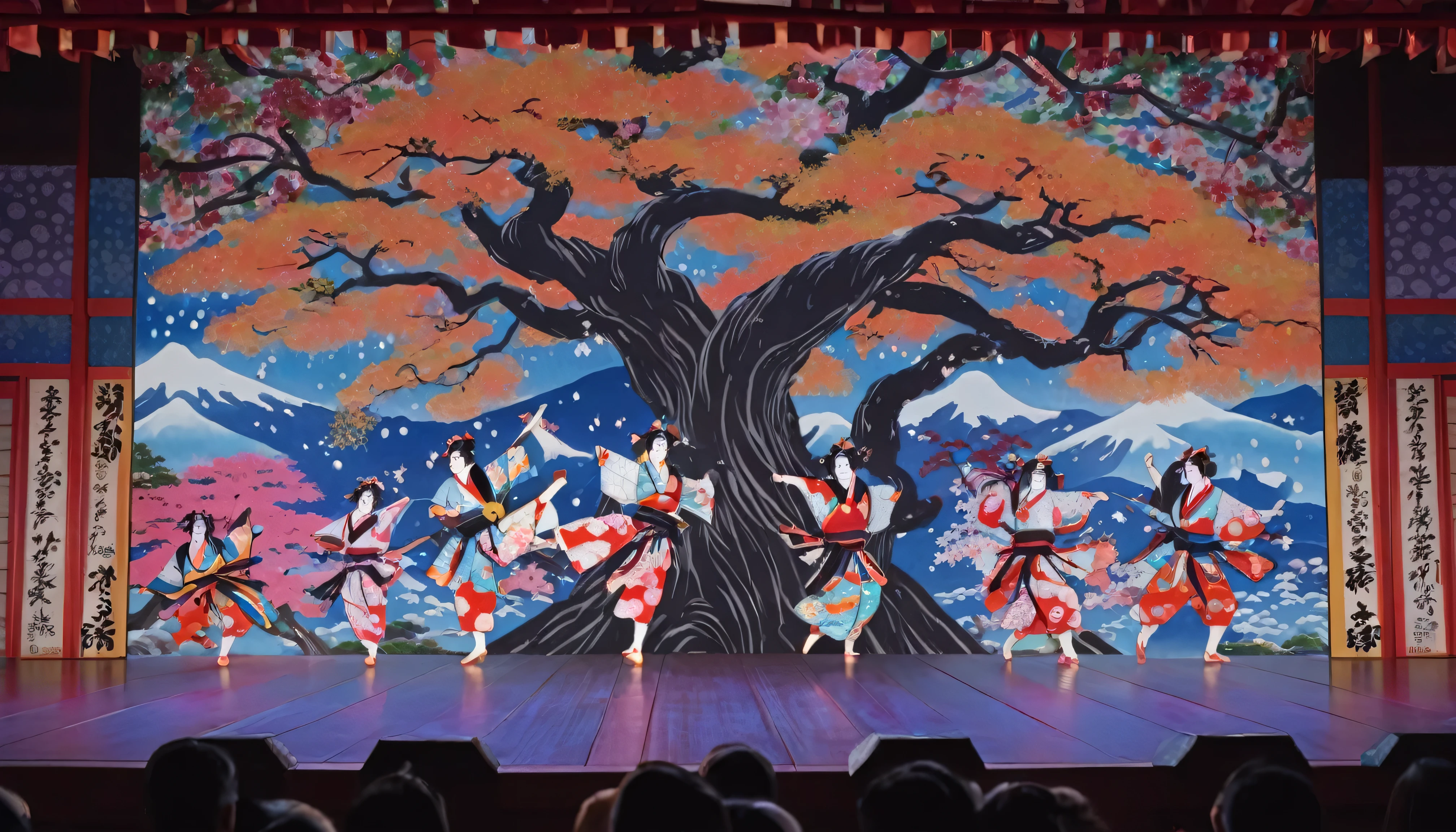 People dancing on the Kabuki stage、Vibrant colors、Beautiful art UHD 4k、Warm、In the background is a wall with a large tree painted on it、Japanese anime style