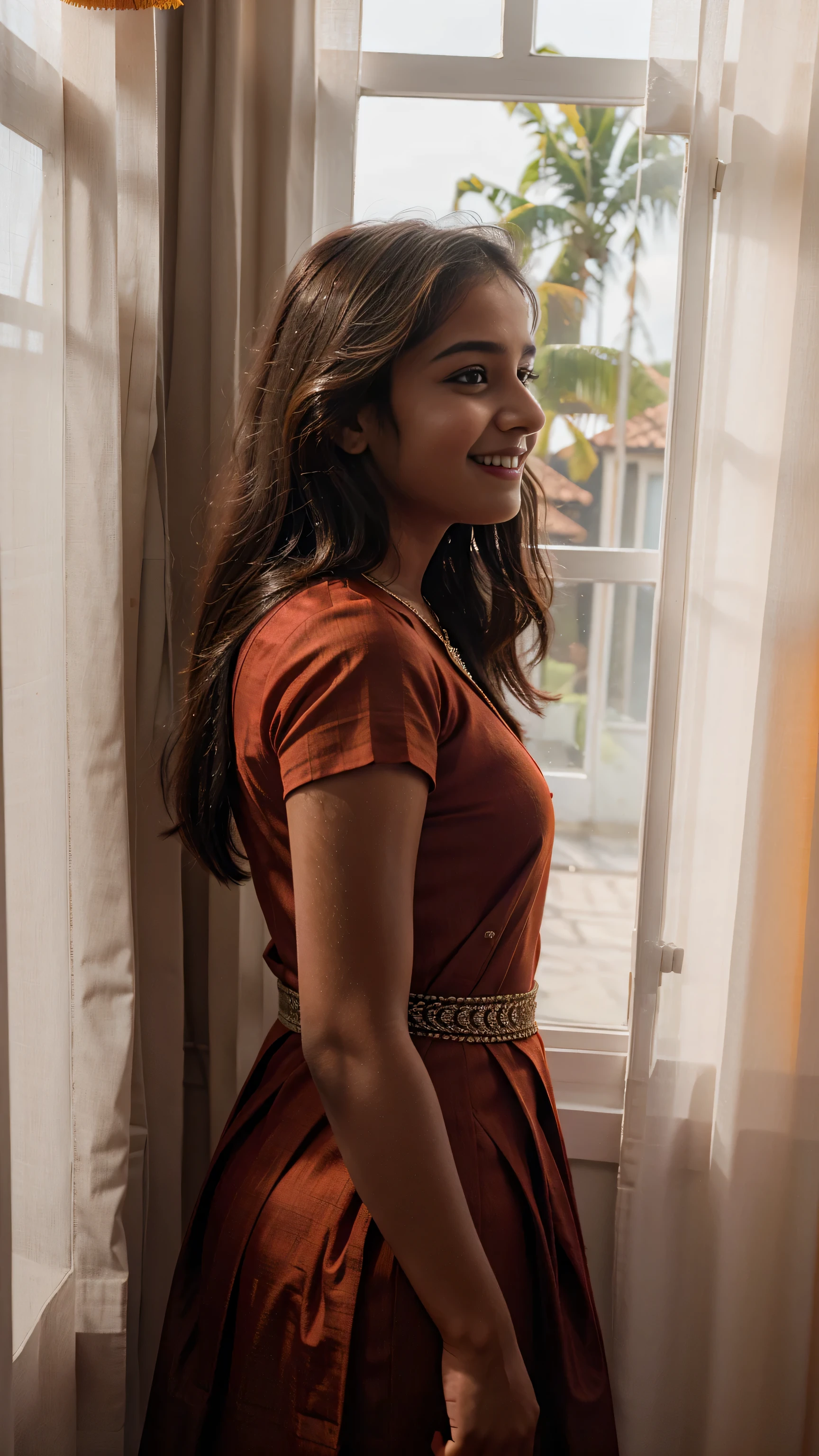kerala teen girl similar to Hermoine Granger, near window with white curtains, orange lit walls, smiling, wearing maroon churidar with red shall, realistic dress, close shot from the side, realistic skin texture, mobile photography, raw,