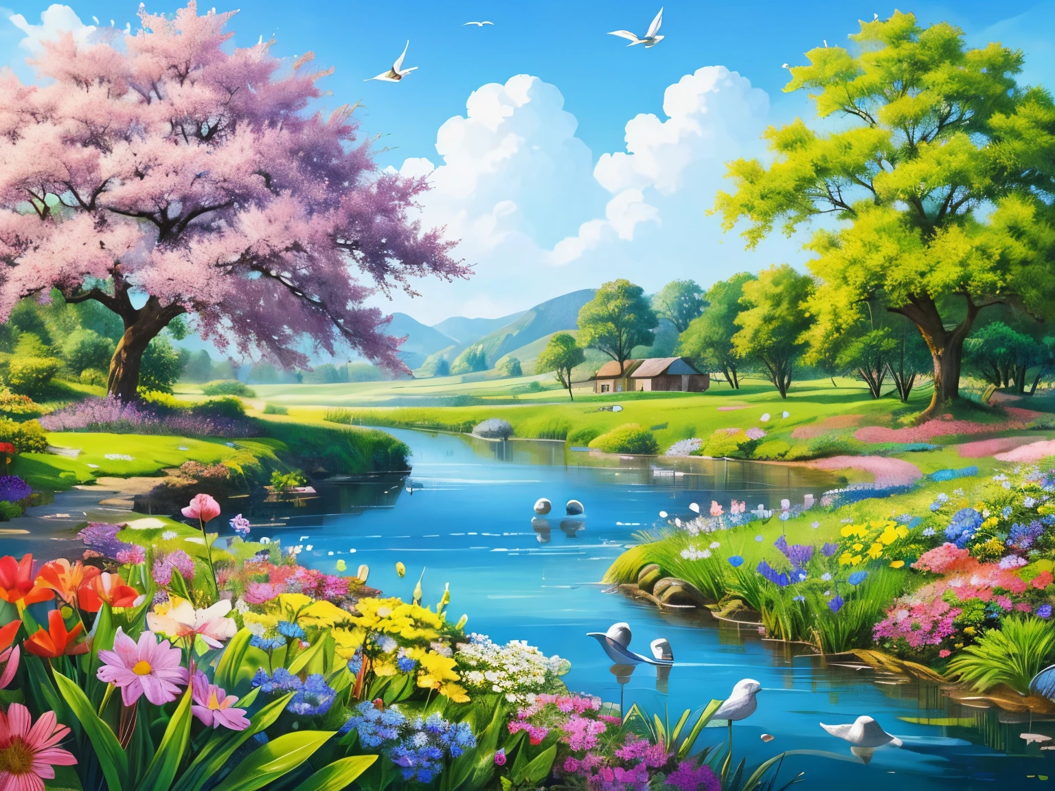 A bright rural landscape under the blue sky, a stream, many flowers, large trees, and small birds.