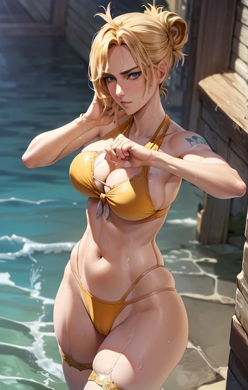 (masterpiece:1.5),(best quality:1.5),(high resolution:1.5),(8k:1.5),(perfect face:1.5),(beautiful detailed eyes:1.5),(Cowboy Shot:1.5) ,(extremely detailed face:1.5),(perfect lighting:1.5),(extremely detailed CG:1.5), (perfect hands:1.5),(perfect anatomy:1.5),,(perfect body:1.5),(perfect hands:1.5),(perfect fingers:1.5),(full body:1.5),,(1woman:1.3),(megami magazine:1.23),pale skin,(large breasts:1.2)(large ass:1.1),(yellow bikini:1.3),,(blonde single bun hair:1.2),(blue eyes:1.2),(sexy look:1.35),(cameltoe:1.2),stand,(outside:1.3),(sweat:1.3),(fight pose:1.2),(Beautifully tied hair:1.3),,(sea:1.35)
