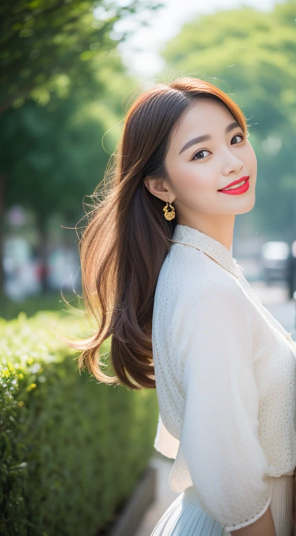 Beautiful girl: Asia, siêu dễ thương;
age: from 18-20 years old;
hair: copper orange color, smooth, lung linh dưới sunlight, detail;
skin: milk white, rosy and flawless;
eye: jet black, almond shaped, sexy, youthful, trong trẻo, siêu detail, elegant, charming, trang điểm high solution, true, bắt eye;
mí eye: delicate, Perfect Beauty;
eyebrow: cong, dear, high solution;
Face: beautiful, pure, like a fairy, light makeup, lovely, Perfect balance, đẹp đến từng detail;
nose: xinh, lovely, cao;
cheekbone: prominent;
lip: charming, light red lipstick, son bóng lovely;
răng: Beaming smile, Lily-white;
body: full of youth;
accessory: chain, earring, vòng tay ngọc bích;
Trang phục: silk fabric, delicate, floral embroidery;
Fashion style: high-class, Modern 2024, luxurious;
Image quality: non-NSFW, 8K CG HD, high solution, Super nice graphics, professional, detail, colourful, ultrafine, advanced techniques, RAW true;
light: complex color combinations, black gold rays;
sunlight: twinkle, illuminate the girl's body;
backdrop: vibrant street, cool green trees.
The girl stands posing with her butt facing the viewer.
