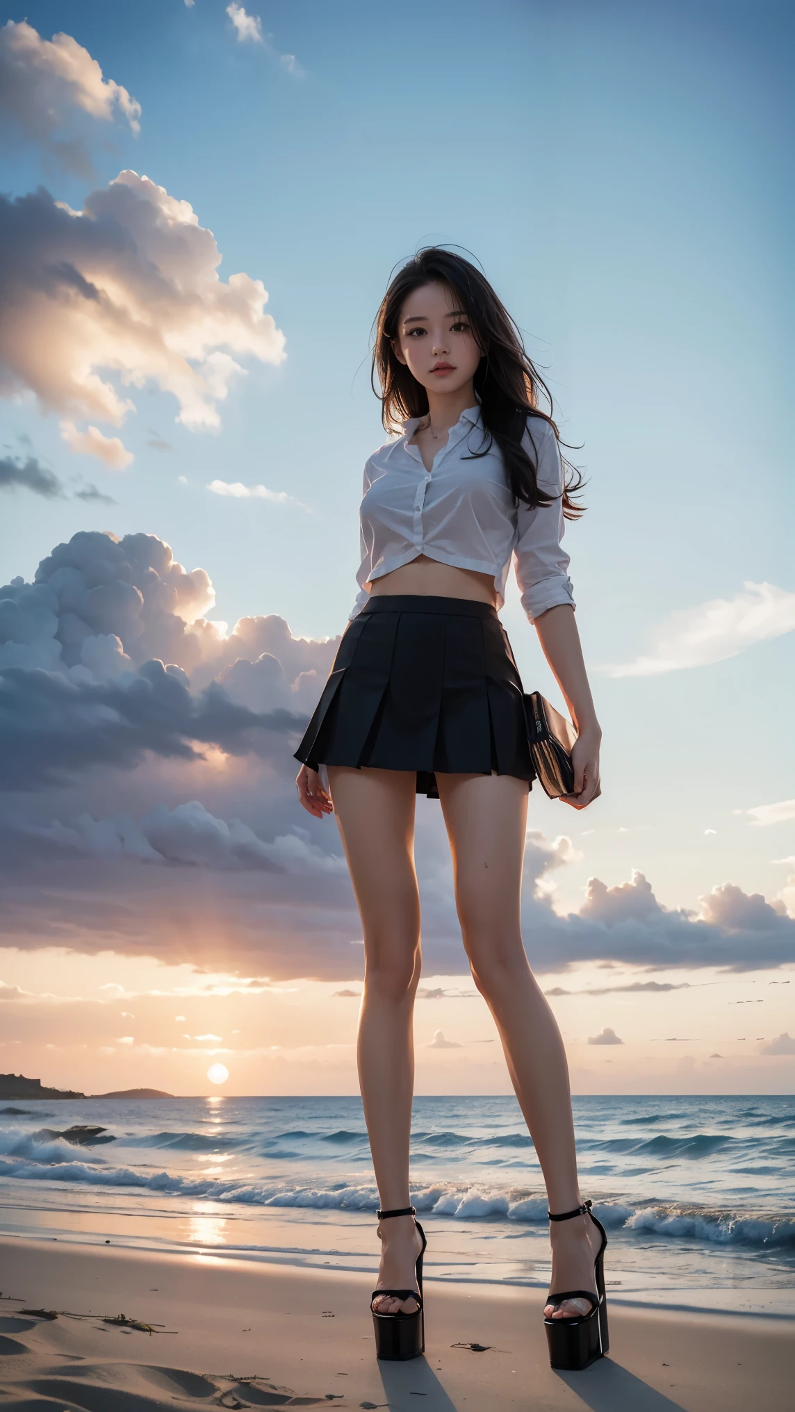 view from below,sunset summer beach background,full body,(tall girl:1.2),wave hair,girl,mini skirt,wet croped shirt,(high heel:1.2),walking,slim legs,big breasts,