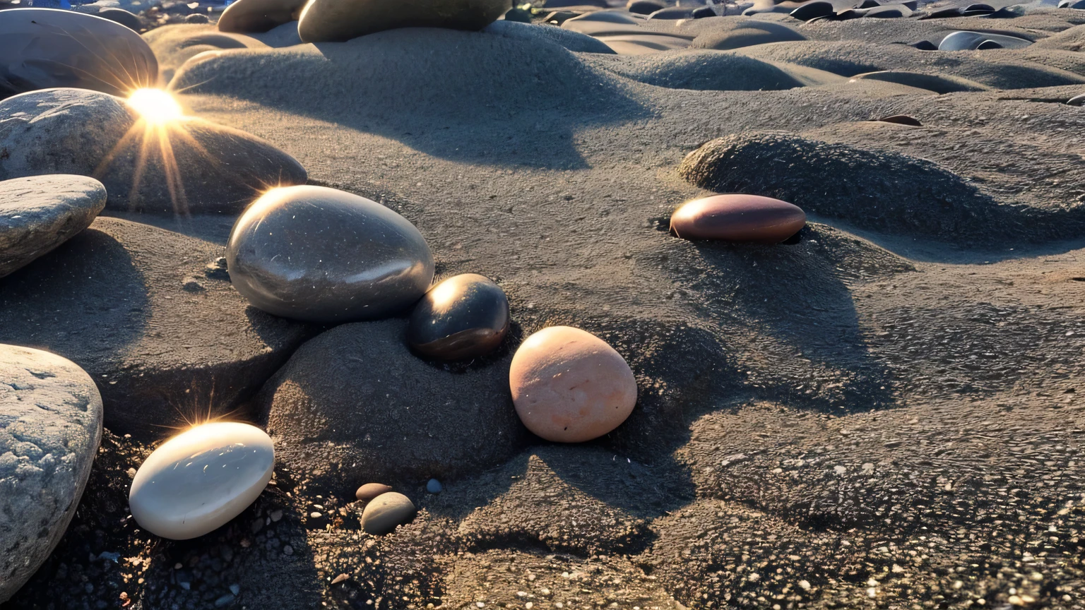 A small pebble beach，sun，close up，Colorful。