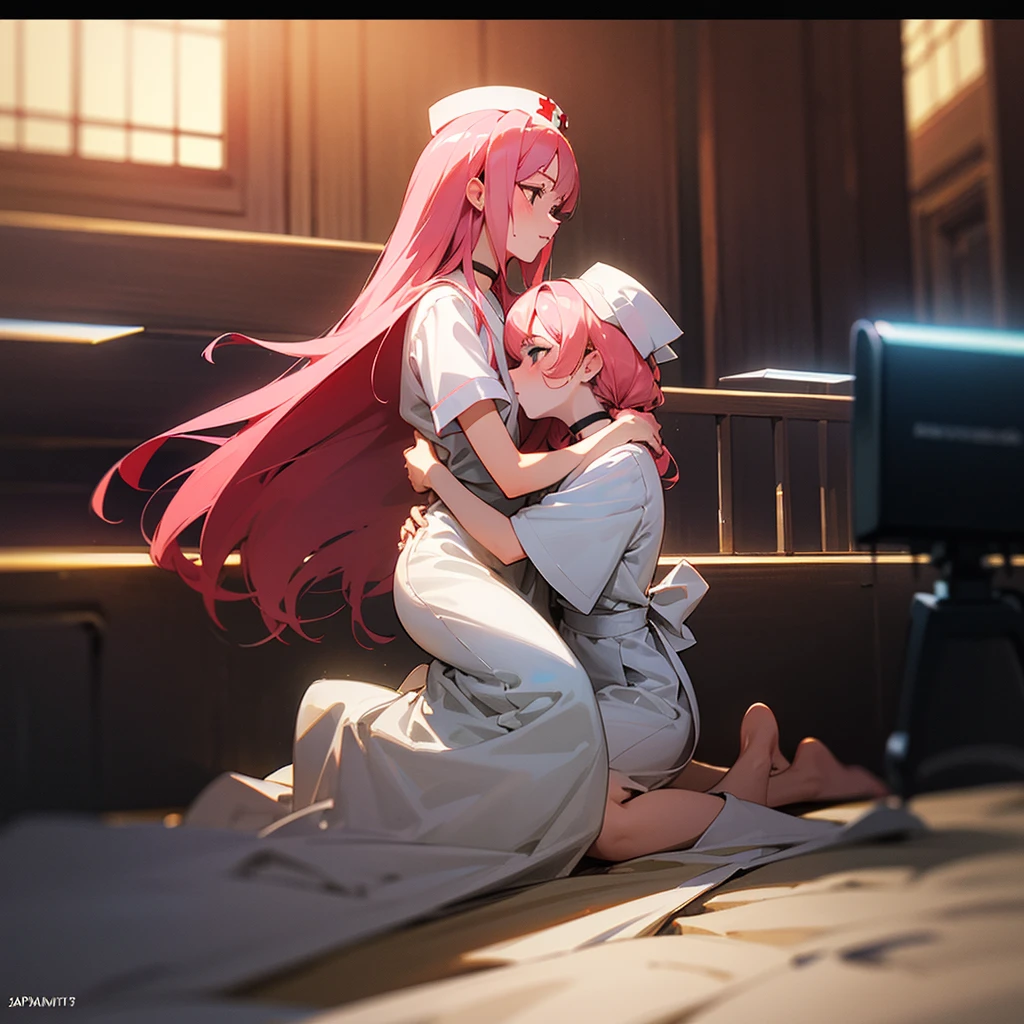 (yuri:1.2) (lesbian:1.2) (2girls:1.2) (imminent kiss:1.2) (hug:1.2) Japanimation, 35 mm, Incredibly hyper detailed and intricately realistic, full body character, Beautiful, Female, Perfect, Long Pink Hair, Black eyes, white Nurse's outfit , White nurse's cap, Detailed face, White skin, Hospital background, Cover art, zoom out, choker, hyper detailed painting, luminism, Bar lighting, with an intricate, 4k resolution concept art portrait, extremely high level illustration, 16k, extremely high level illustration, absurd resolution, absurd detailed, soft and warm lighting, (((masterpiece))), best quality, extremely detailed, Japanese scene, Japanese composition, fantasy lighting, beautiful detailed glow, perspective, depth of field, proportion, blurry background, bokeh, sharp focus, depth and dimension, bed