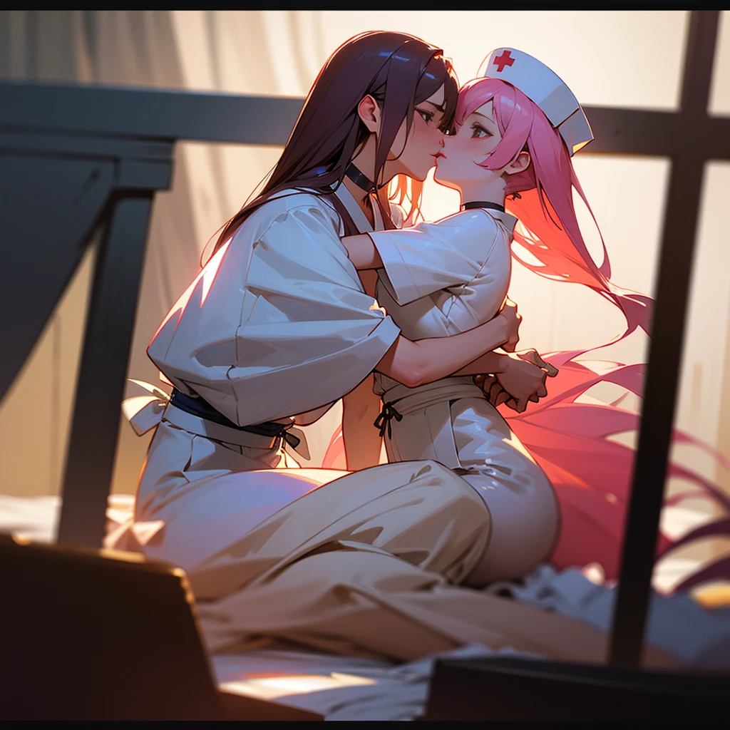 (yuri:1.2) (lesbian:1.2) (2girls:1.2) (imminent kiss:1.2) (hug:1.2) Japanimation, 35 mm, Incredibly hyper detailed and intricately realistic, full body character, Beautiful, Female, Perfect, Long Pink Hair, Black eyes, white Nurse's outfit , White nurse's cap, Detailed face, White skin, Hospital background, Cover art, zoom out, choker, hyper detailed painting, luminism, Bar lighting, with an intricate, 4k resolution concept art portrait, extremely high level illustration, 16k, extremely high level illustration, absurd resolution, absurd detailed, soft and warm lighting, (((masterpiece))), best quality, extremely detailed, Japanese scene, Japanese composition, fantasy lighting, beautiful detailed glow, perspective, depth of field, proportion, blurry background, bokeh, sharp focus, depth and dimension, bed