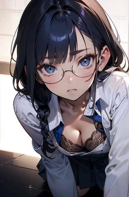 (First Person View:1.2)、masterpiece、Perfect hand drawing、beautifulボディライン、beautiful、 (Thick neck:1.4)、Thick body、(Broad shoulders:1.4)、(wide cleavage:1.2) (Makes your face smaller)、(Pointed Chest:1.6)、Model Body Type、(F cup breasts:1.2)、(Pure white lace bra:1.2)、、Sharp eyes、Big moist eyes、Impatience and embarrassment:1.2、((school uniform:1.2))、A low-cut shirt and a knee-length skirt、(Face Focus:1.4)、Disheveled long hair、Glasses、(On all fours, covering the viewer:1.2)、Very detailed, Detailed Background, Cinematic lighting,(Teeth are visible)
