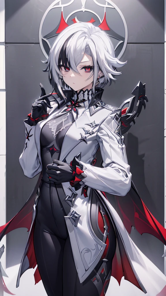 (masterpiece, top quality, best quality, official art, beautiful and aesthetic:1.2),(8k, best quality, masterpiece:1.2), (((masterpiece))),(((best quality))),(((extremely detailed))),illustration,who, (masterpiece, top quality, best quality, official art, beautiful and aesthetic:1.2),(8k, best quality, masterpiece:1.2), 1girl, arlecchino \(genshin impact\), (x-shaped eyes, symbol shaped eyes, cross eyes), masterpiece,best quality, arlecchino \(genshin impact\), 1girl, grey hair,multicolored hair, short hair,red eyes,symbol-shaped pupils,black gloves, long sleeves, grey jacket,grey bodysuit, black pants, cowboy shot, white background, expressionless,