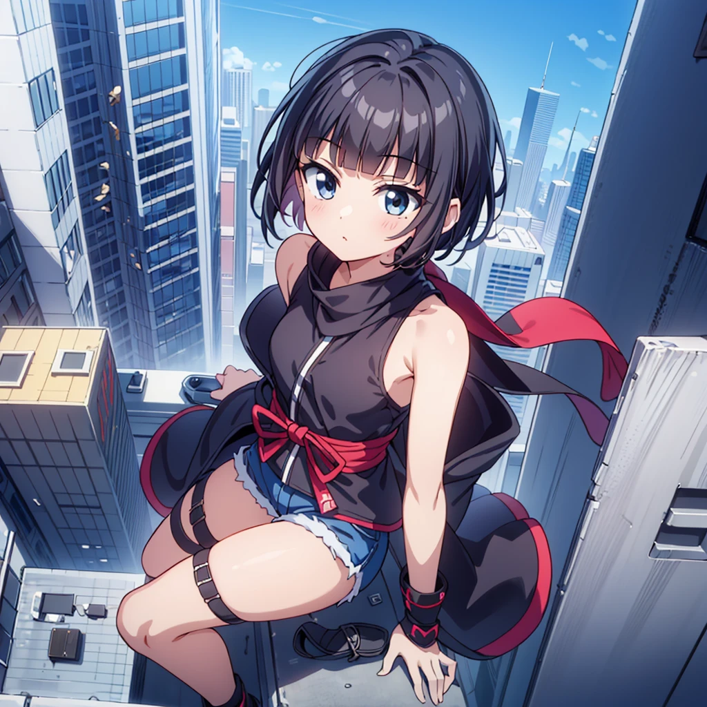 Ninja... Cool and... fast.!Best ninja quality, Anime Moe Art Style,Best Anime 8K Konachan Wallpaper,Amazing anime 8k,Perfect Anatomy, (Please draw a picture of a ninja girl looking down on the city from a rooftop..)From above at an angle,Overhead Angle,break, One girl is a ninja, (alone,,,:1.3), The charm of androgyny, (Very short hair, Blunt bangs), Complete limbs, Full Finger,Flat Chest, Small Ass, between legs, Beautiful black eyes in 8k detail,
(Sleeveless half jacket),bare shoulders and forearms,No jacket,heart,Short shorts, Ninja scarf fluttering in the wind, Stand on the roof of a skyscraper. break, I am on a mission.。Would enjoy...。Very detailed,High resolution,Very detailed肌, Professional Lighting, figure,