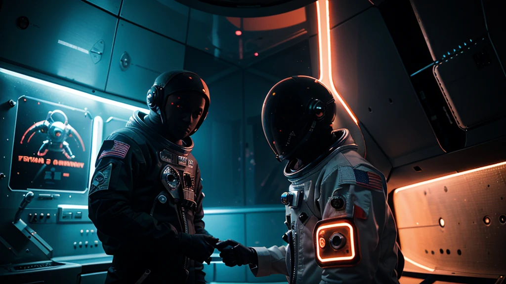 Alien and Astronaut handshake on space,neon,3d.