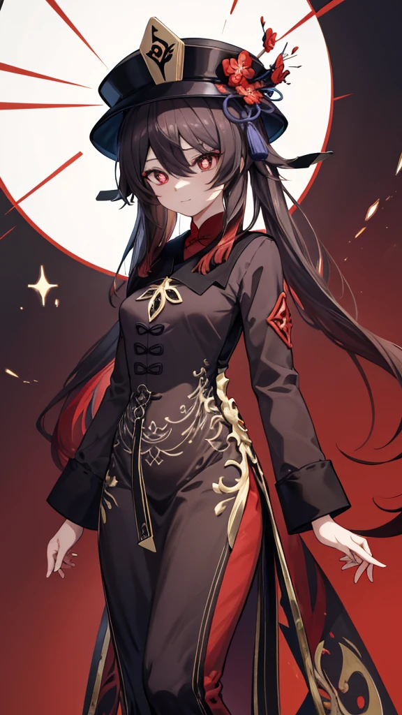 hu tao \(genshin impact\), 2d, symbol-shaped pupils, flower-shaped pupils, hat, red flower, red eyes, full body, young woman, beautiful eyes, detailed eyes, very detailed clothes, highly detailed design, extremely detailed face, matching eyes, beautiful eyes, star-shaped pupils, star eyes, solo, dramatic lighting, perfect lighting, dark red background, happy, slight smile, rough expressive lines, expressive lines, dark lines, dense lines, intense line work, masterpiece, the best quality, super fine, extremely delicate and beautiful, black and red manga, black and red line drawing, inspired by Junji Ito, art style of Junji Ito, hand-drawn, character focus, extremely fine, wallpaper, basic colors, static colors, show entire body
