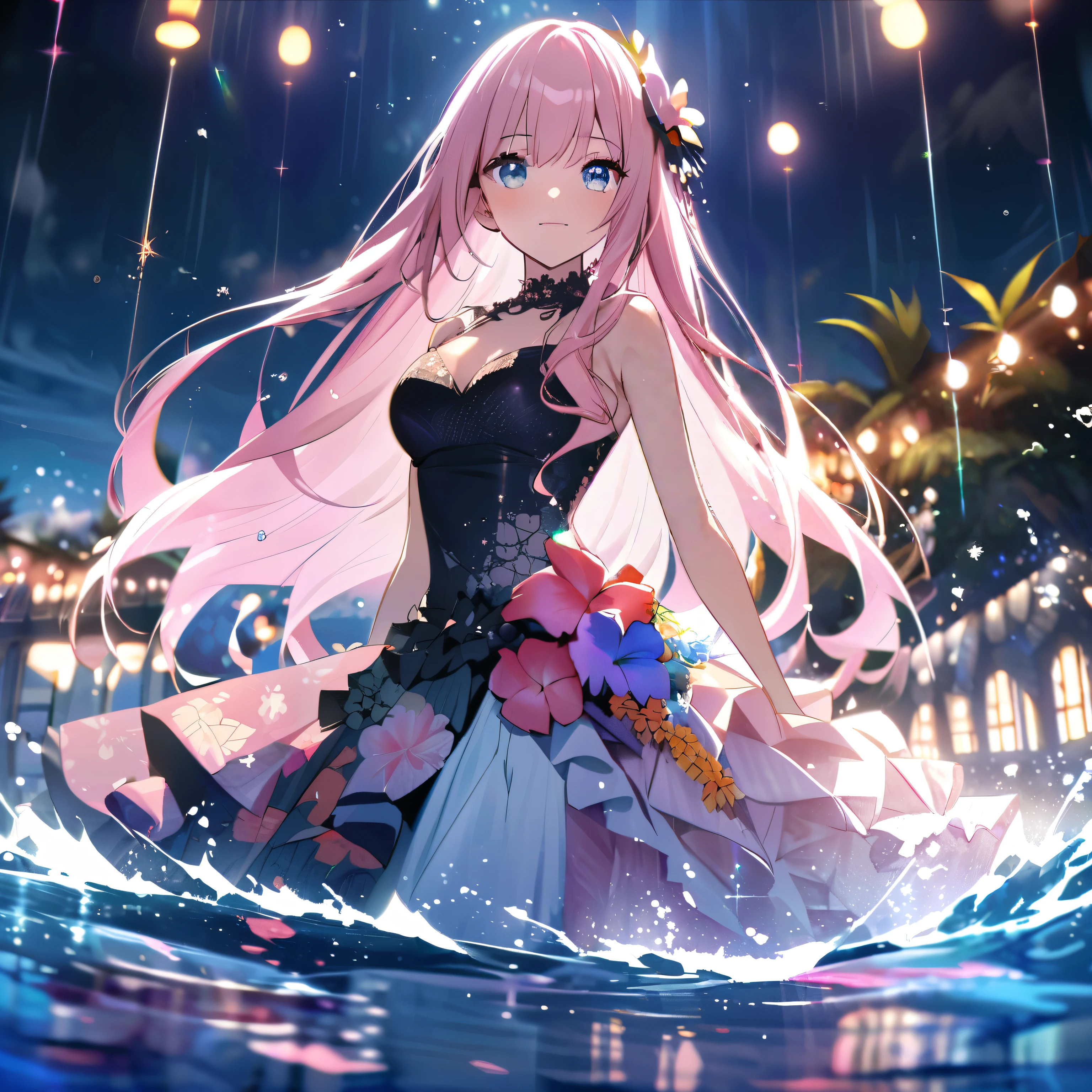 ``She has long pink hair and beautiful eyes.、Beautiful woman in an elegant and elaborate Hawaiian dress.For the dress、It needs intricate designs and patterns to give it a luxurious and classy look.。.In the background , The image is、The light reflected on the water surface、Beyond that is an illuminated bridge、It must depict a romantic Hawaiian beach at night.。, Enhance the sparkle effect and rainbow throughout the image. Enhance your looks、Add some special frills to your dress to make it stand out.”