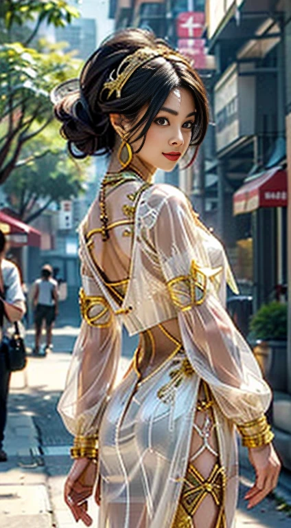 pretty girl: Asian, super cute;
Age: from 18-20 years old;
hair: bronze orange, smooth, shimmering in the sunlight, detailed;
skin: ivory white, rosy and flawless;
eyes: jet black, almond shaped, sexy, youthful, clear, super detailed, elegant, seductive, sharp, realistic, eye-catching makeup;
eyelids: delicate, perfect beauty;
Eyebrows: arched, sparse, sharp;
face: beautiful, pure, like a fairy, light makeup, lovely, perfectly balanced, beautiful in every detail;
nose: pretty, lovely, high;
Cheekbones: prominent;
lips: seductive, light red lipstick, lovely lip gloss;
teeth: smile brightly, pure white;
body: full of youth;
accessories: necklaces, earrings, jade bracelets;
Costume: silk fabric, delicate, embroidered flowers;
Fashion style: high-end, modern 2024, luxury;
Photo quality: non-NSFW, 8K CG HD, sharp, super beautiful graphics, professional, detailed, vibrant colors, super smooth, advanced techniques, true RAW;
lighting: complex color scheme, golden-black rays;
sunlight: sparkling, illuminating the girl's body;
Background: vibrant streets, cool green trees.
The girl stands posing with her butt facing the viewer.