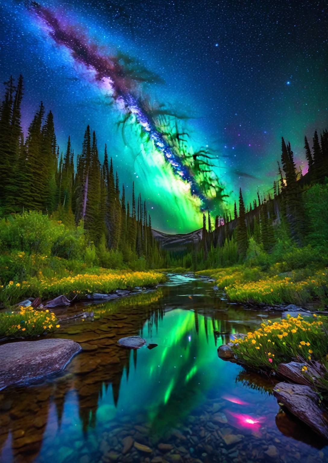 "Imagine a stunning landscape that blends the majestic elements of nature with the vastness of the universe, all bathed in vibrant, intense colors. At the center of the composition, an imposing mountain range rises against the horizon, its mountains covered in lush, exotic vegetation. Tall trees soar toward the sky, their leaves glowing shades of deep green and gold in the sunlight.
Above the mountains, the sky opens up in a spectacle of cosmic colors. A spiral galaxy slowly rotates, its stars twinkling in shades of blue, purple and pink. Bright nebulas dot the firmament, adding an aura of mystery and wonder to the scene. Ribbons of colorful lights dance among the stars, creating a cosmic auroral spectacle that illuminates the darkness of the night.
In the foreground, a stream meanders through the landscape, its crystal clear waters reflecting the glow of the stars and galaxy above. Colorful fish swim in the depths of the stream, while iridescent butterflies dance around the wildflowers that grow on its banks.
The image is captured in 4K resolution, highlighting every detail of the landscape with clarity and sharpness. The vibrant, intense colors add a palpable energy to the scene, while the combination of natural and cosmic elements creates an atmosphere of grandeur and beauty. This image is truly remarkable, a vision that captivates the imagination and inspires awe at the world around us."