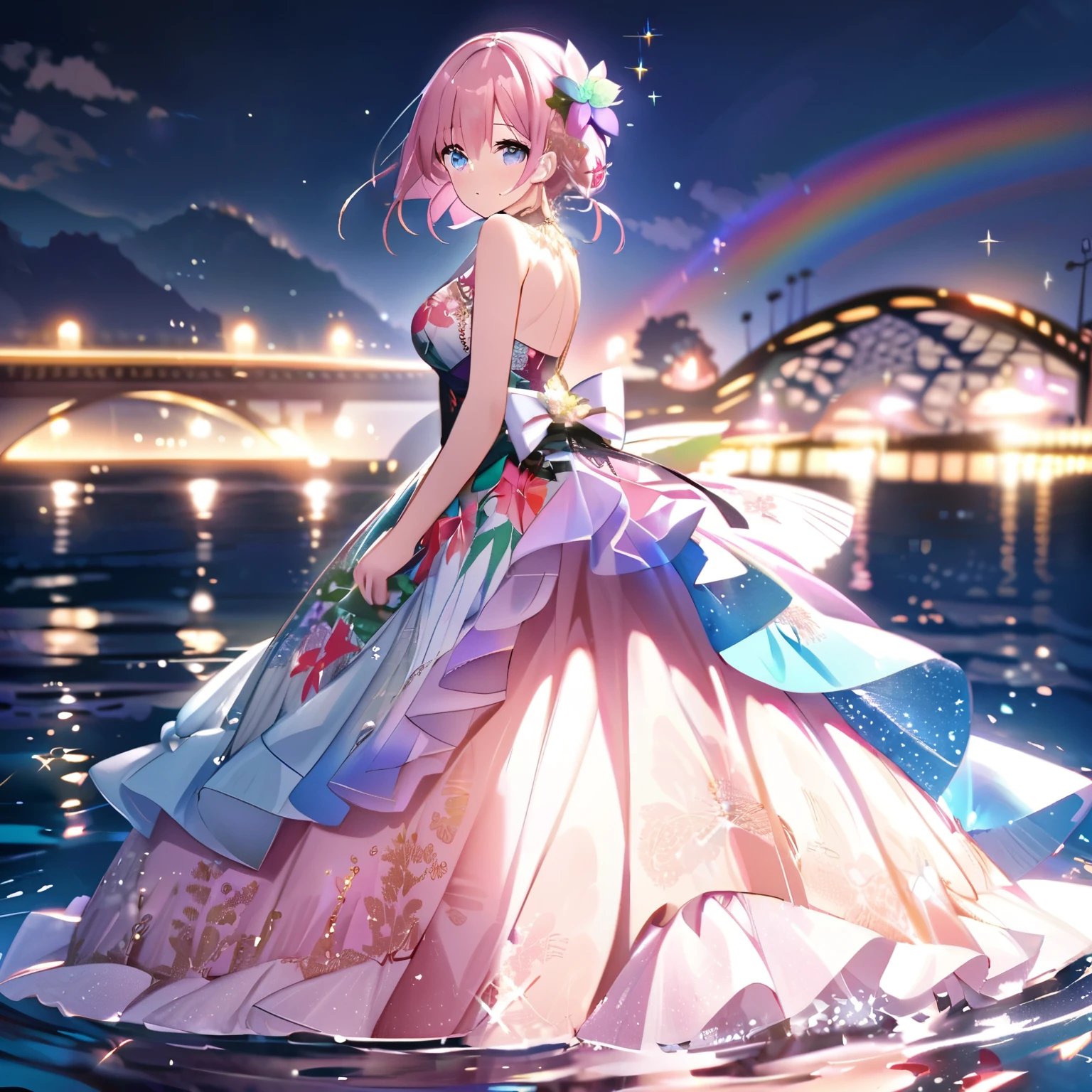 ``She has long pink hair and beautiful eyes.、Beautiful woman in an elegant and elaborate Hawaiian dress.For the dress、It needs intricate designs and patterns to give it a luxurious and classy look.。.In the background , The image is、The light reflected on the water surface、Beyond that is an illuminated bridge、It must depict a romantic Hawaiian beach at night.。, Enhance the sparkle effect and rainbow throughout the image. Enhance your looks、Add some special frills to your dress to make it stand out.”