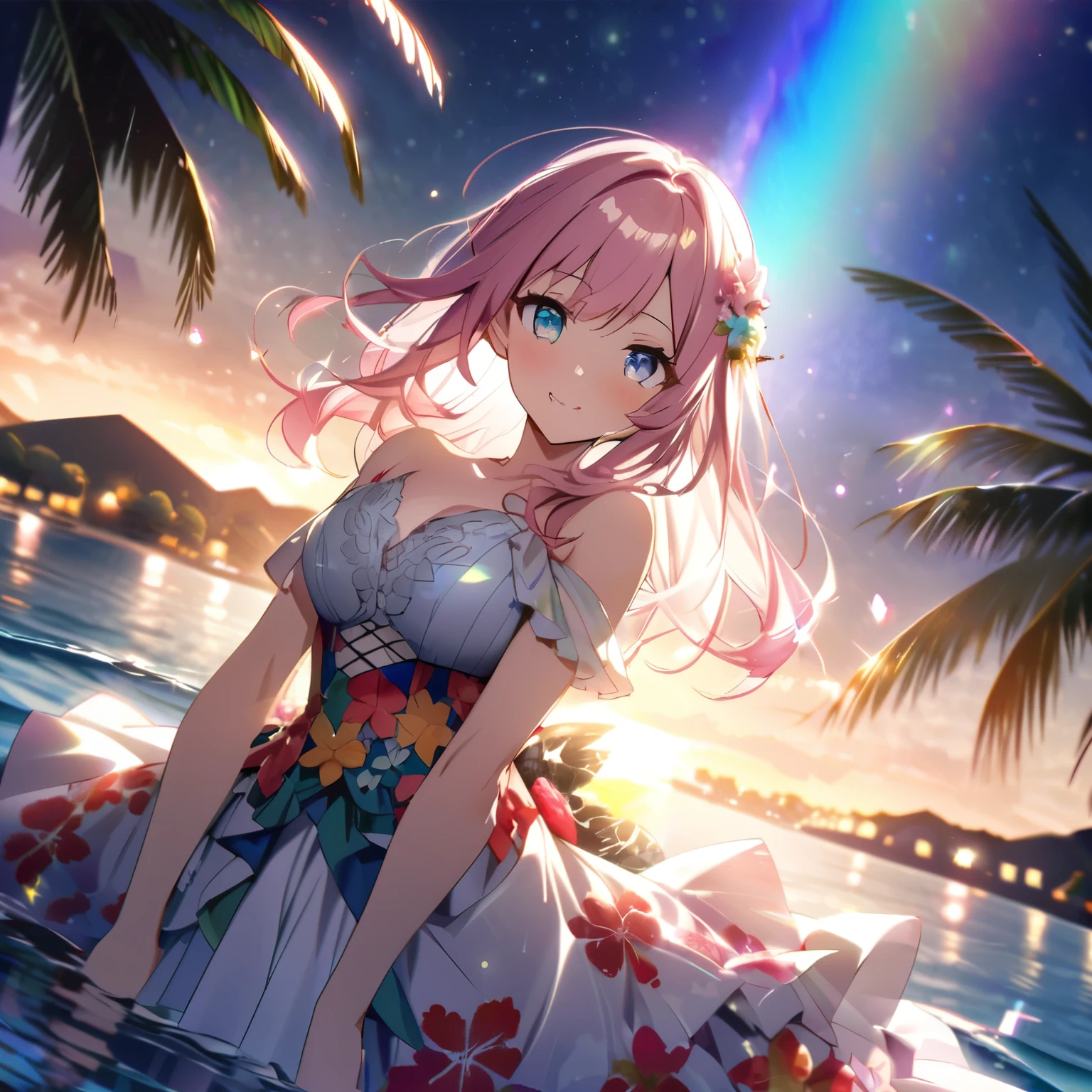 ``She has long pink hair and beautiful eyes.、Beautiful woman in an elegant and elaborate Hawaiian dress.For the dress、It needs intricate designs and patterns to give it a luxurious and classy look.。.In the background , The image is、The light reflected on the water surface、Beyond that is an illuminated bridge、It must depict a romantic Hawaiian beach at night.。, Enhance the sparkle effect and rainbow throughout the image. Enhance your looks、Add some special frills to your dress to make it stand out.”
