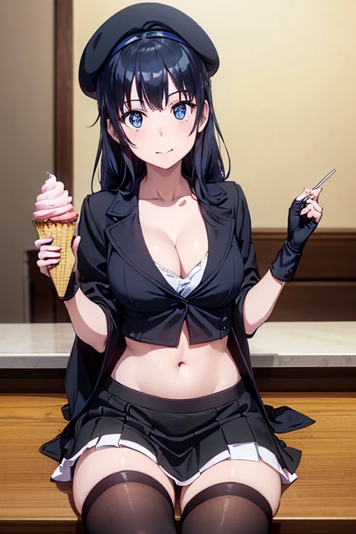 (from below:1.2),(from side:0.9), ((beautiful Face)), (Close-Up:0.6), ((looking at viewer, holding a icecream)),(Italian sweets magazine cover:1.4), highest quality、(real、photorealistic:1.5),(ultra high resolution,dark blue hair,long hair, between eyes,bangs, (black beret, black jacket, close clothes, cleavage:1.4, midriff, black perfect medium skirt, black thighhighs, thigh strap, fingerless gloves, single glove:1.2), (double breasted,under bust:1.2), sitting at a table, cute, visual of a cute girl, cute girl, eating cakes, young girl, guweiz, high quality anime artstyle, anime girl, artwork in the style of guweiz, beautiful girl, pretty girl, official artwork,(with sparkling eyes and a contagious smile),her thin pubic hair, looking at viewer, pose muy sexy"