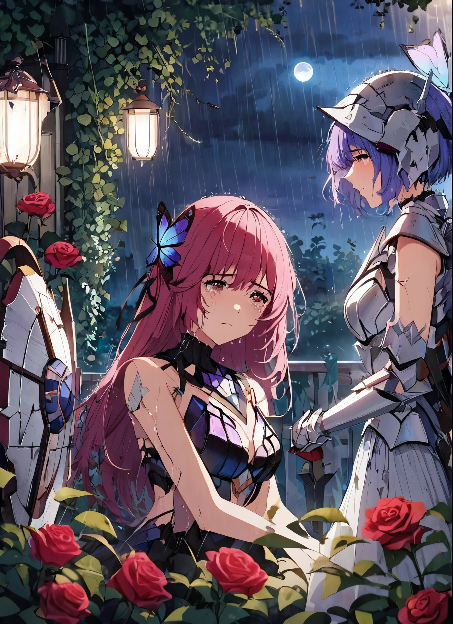 three girls, heartbroken, wearing a ultra shattered and ultra broken cute skimpy butterfly armor, lot of missing pieces, very damaged armor ,ripped clothes, broken helmet ,broken shield and broken sword, in tears, sad, dramatic scene, tears flowing in the face, garden, roses, rain, ultra detailed face, night, moonglow, light of the moon