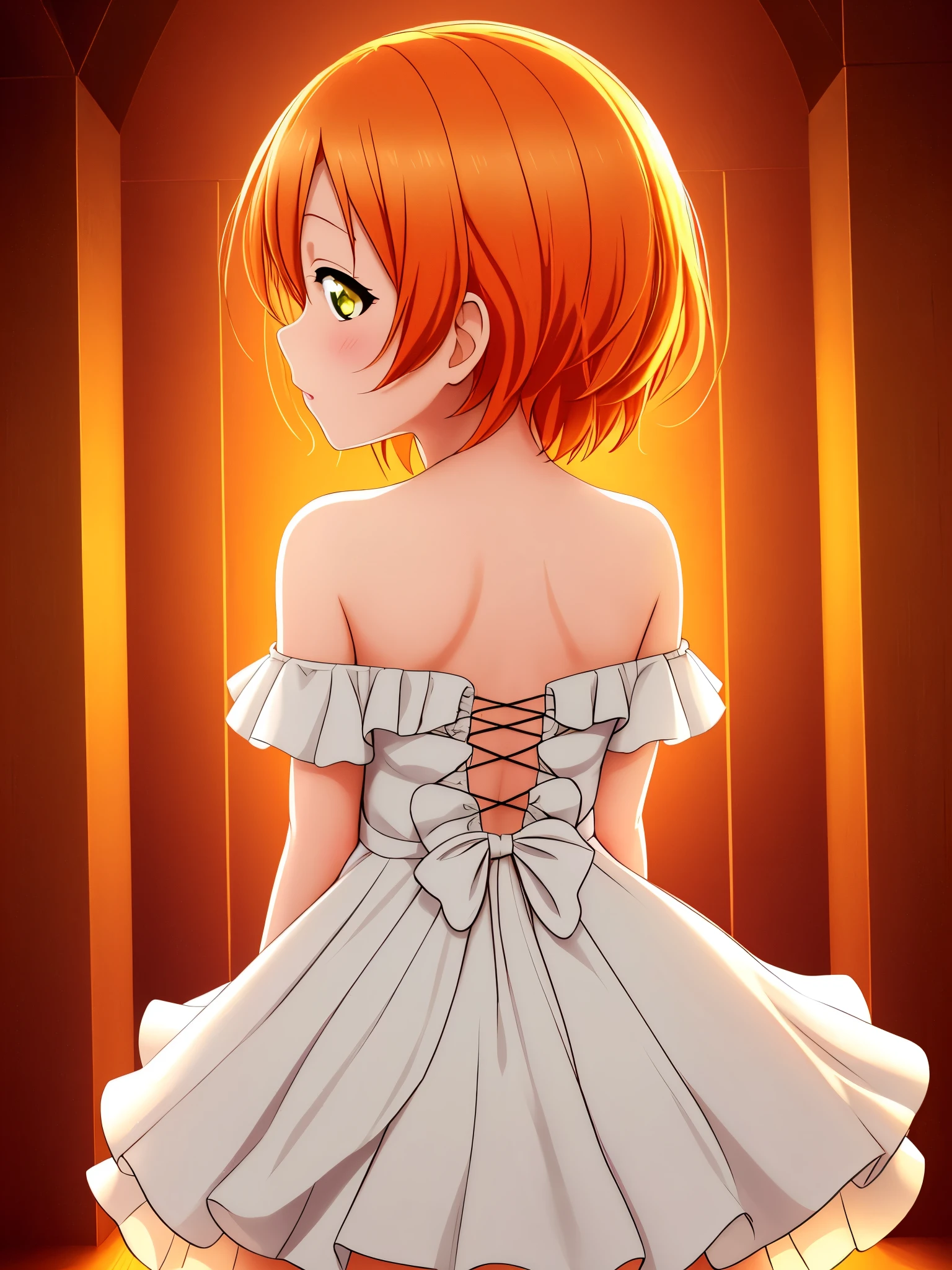 (best quality,ultra-detailed), cowboy shot,Hoshizora Rin,orange hair,yellow eyes,solo,from behind,dress,off shoulders,bare back,portraits,vivid colors,warm tones,soft lighting,in party, standing 